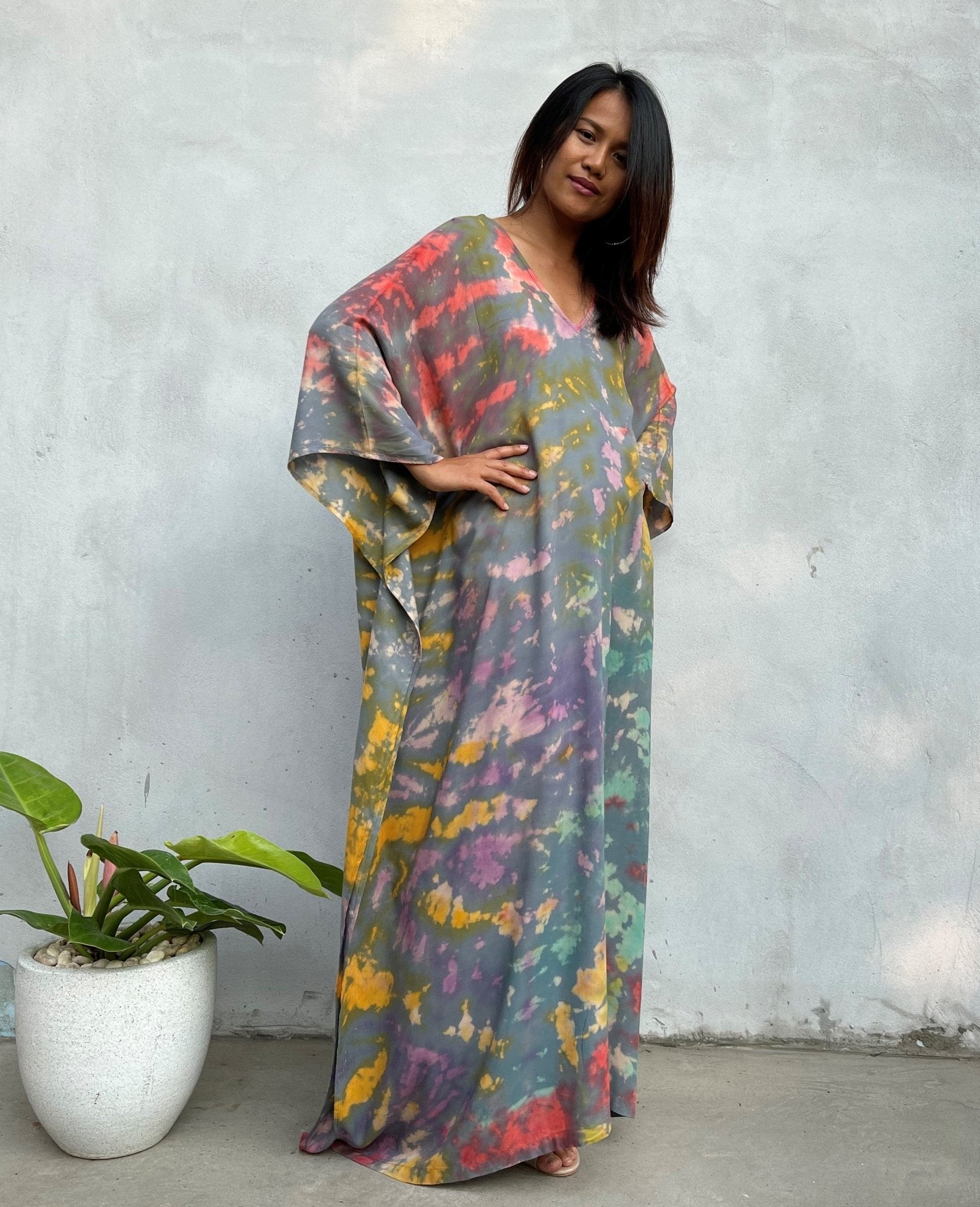 MALA handworks Mala Kaftan in Gray and Rainbow Tie Dye