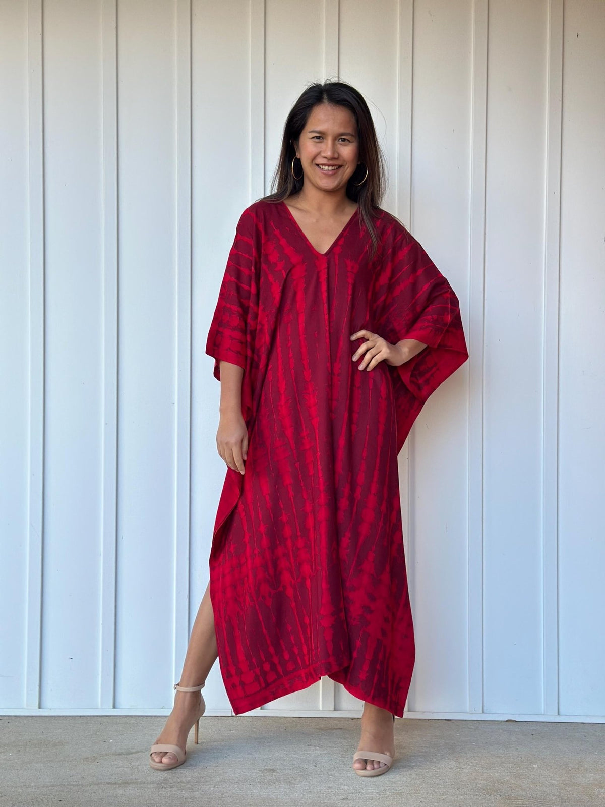 Mala Handworks  45 in Mala Kaftan in Red and Merlot Tie Dye