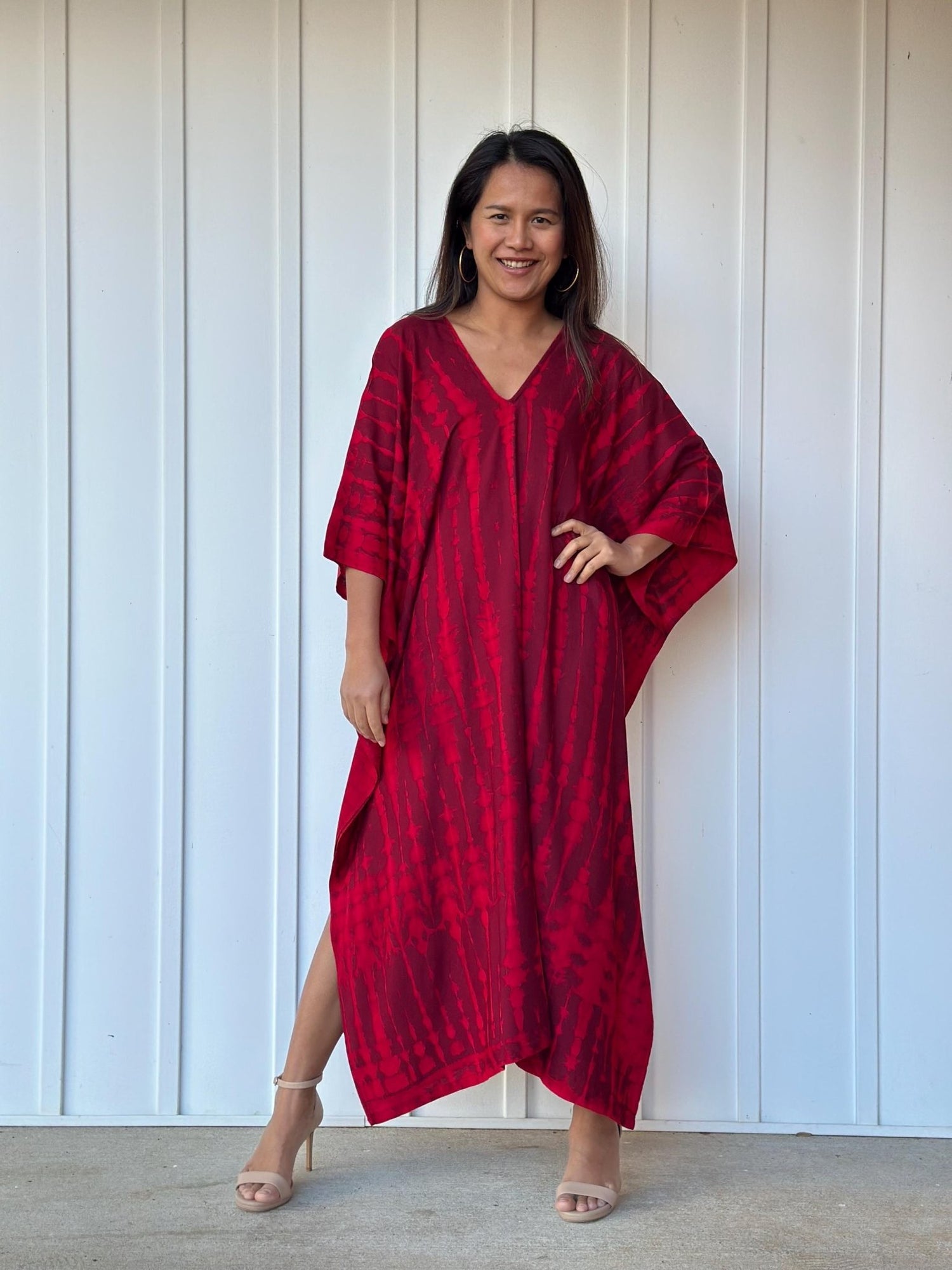 Mala Handworks  45 in Mala Kaftan in Red and Merlot Tie Dye