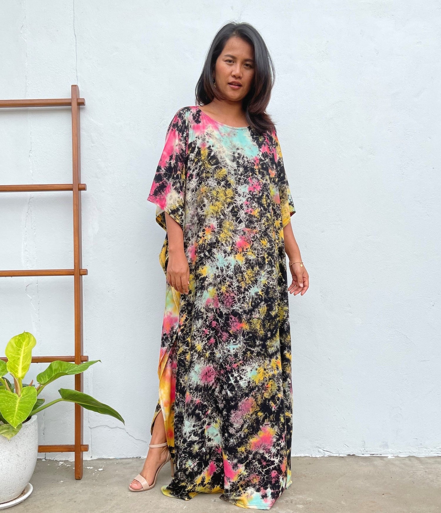 MALA handworks Mia Boat Neck Kaftan in Black and Rainbow Tie Dye