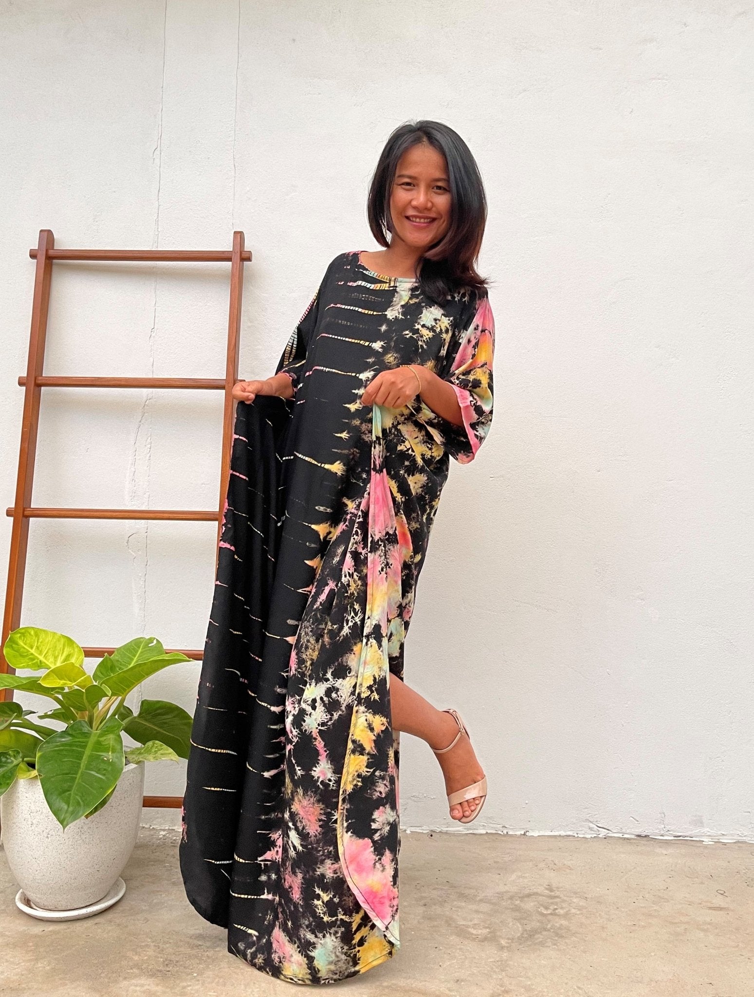 MALA handworks Mia Boat Neck Kaftan in Black and Rainbow Tie Dye