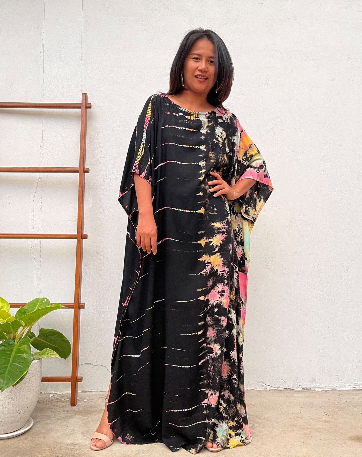 MALA handworks Mia Boat Neck Kaftan in Black and Rainbow Tie Dye