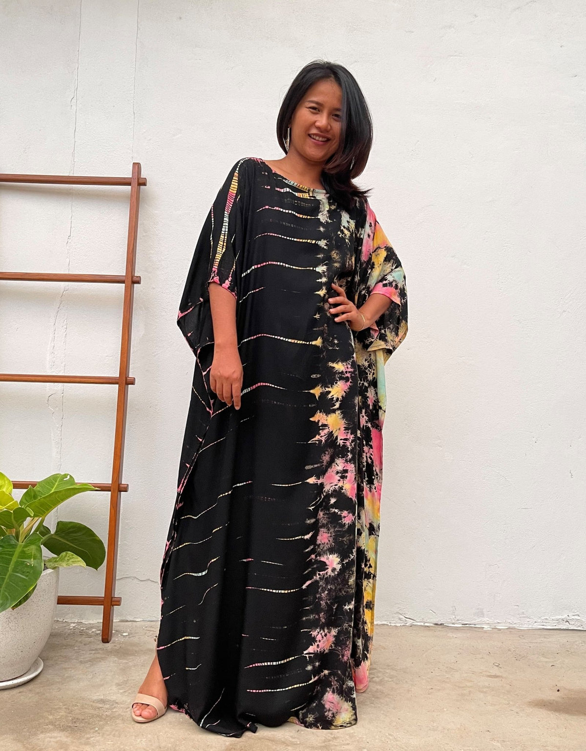 MALA handworks Mia Boat Neck Kaftan in Black and Rainbow Tie Dye