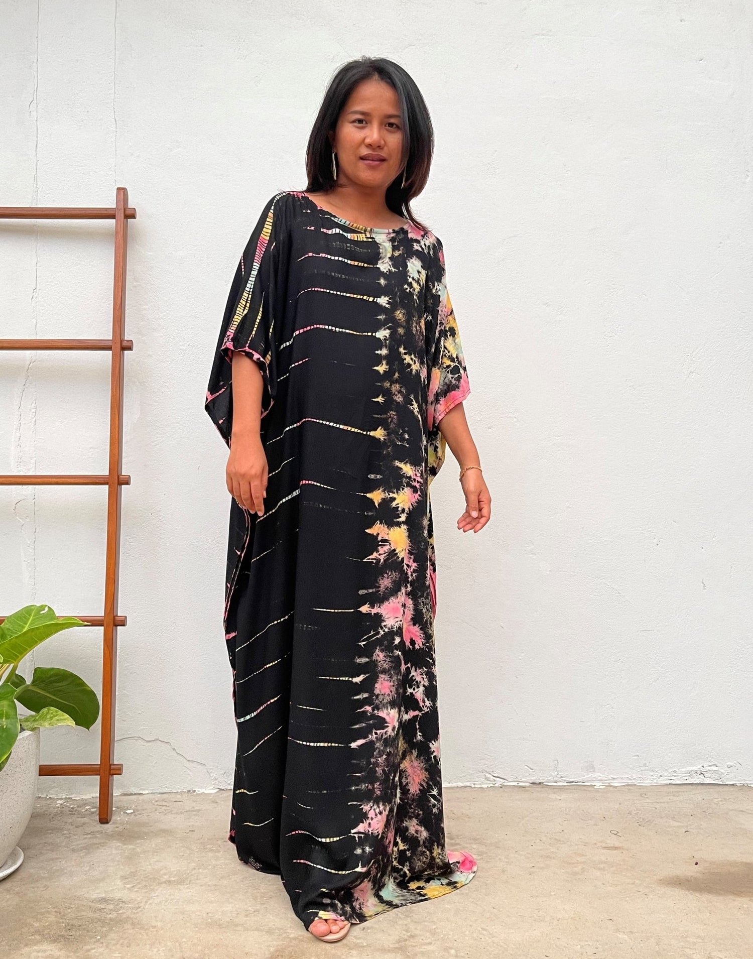 MALA handworks Mia Boat Neck Kaftan in Black and Rainbow Tie Dye