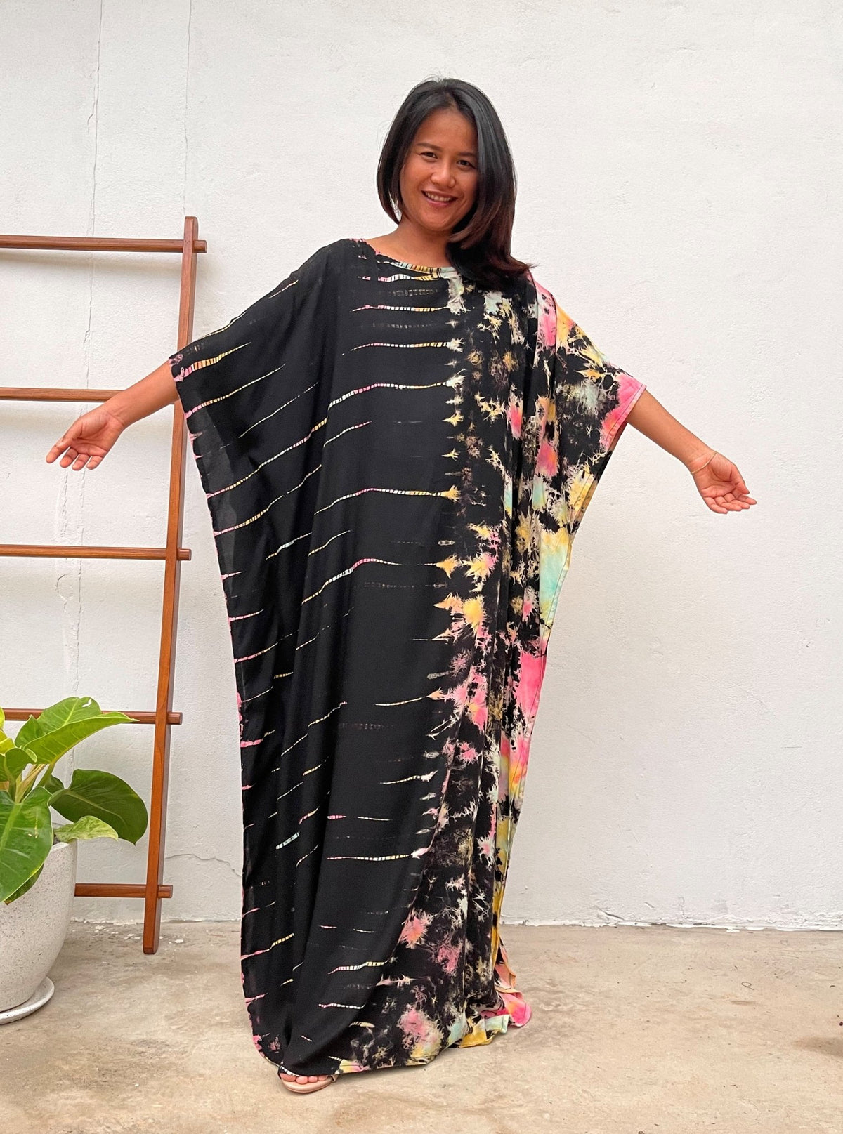 MALA handworks Mia Boat Neck Kaftan in Black and Rainbow Tie Dye