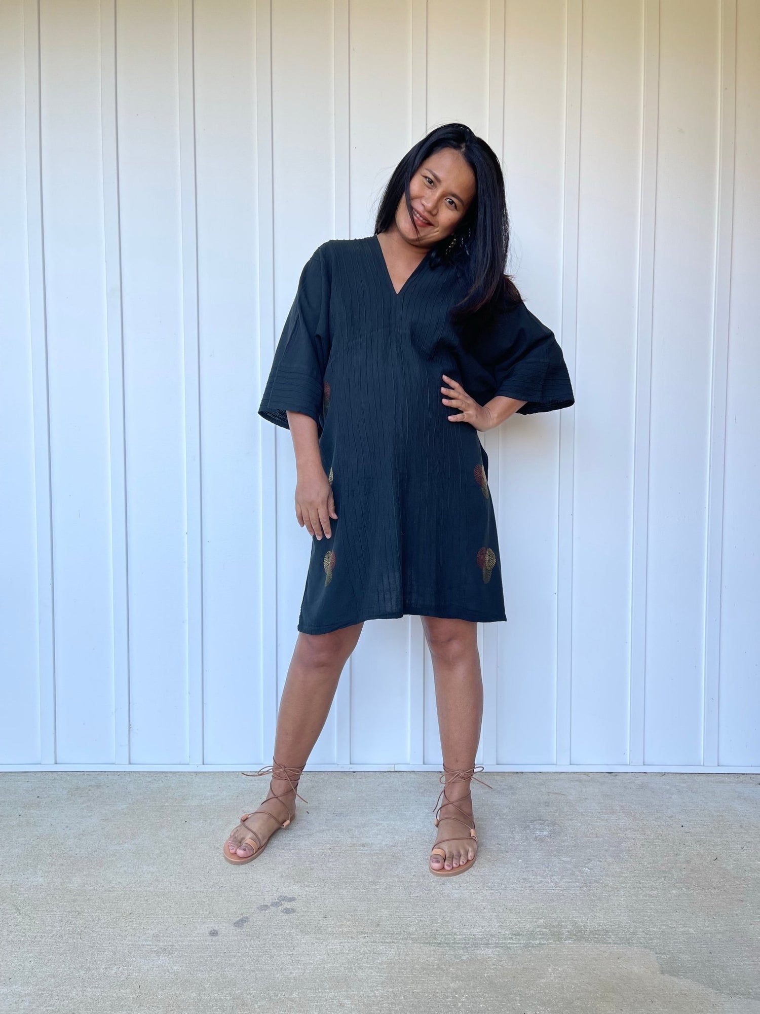 MALA handworks Miyu Midi Dress in Black and Hand Embroidery