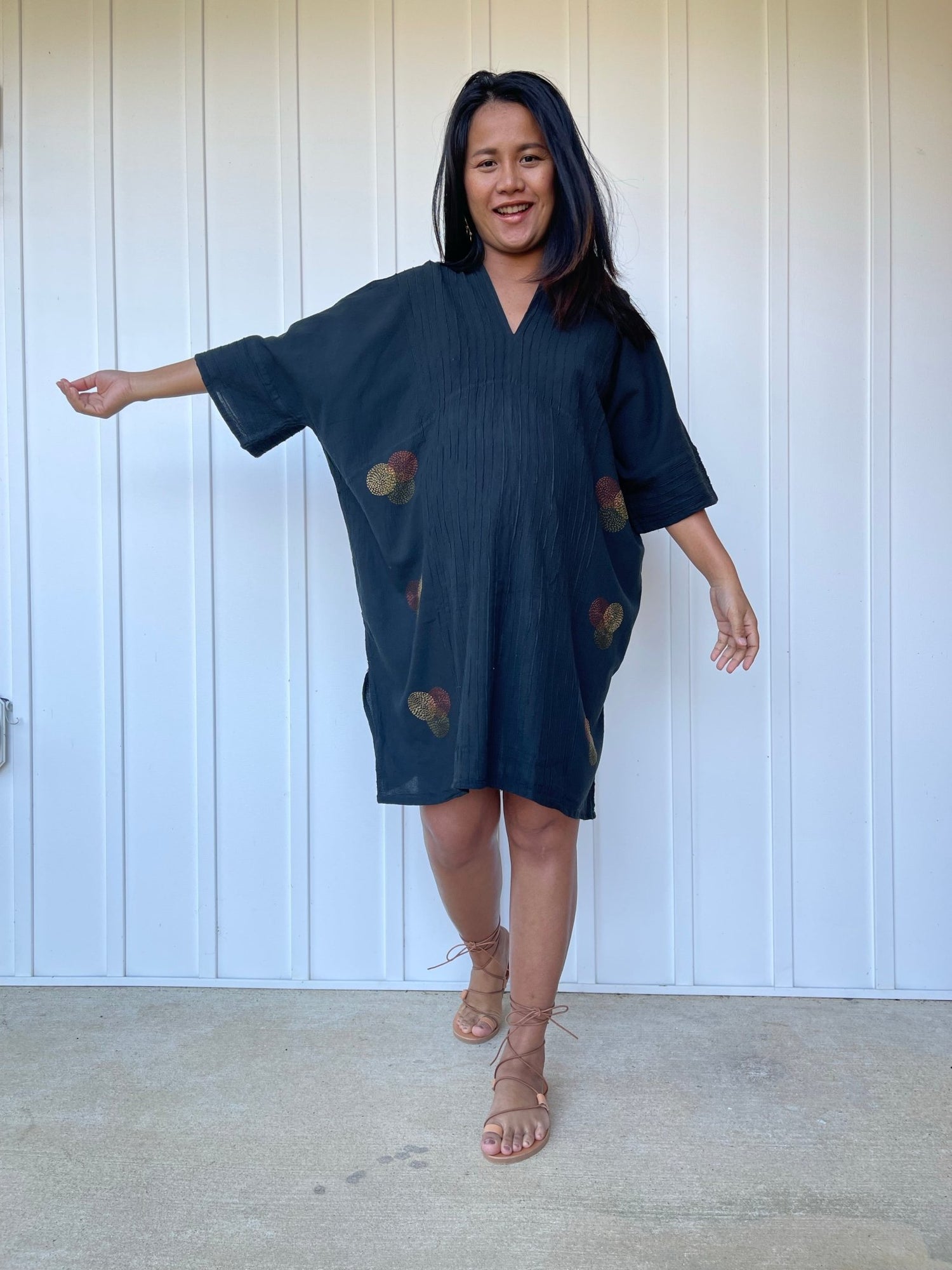 MALA handworks Miyu Midi Dress in Black and Hand Embroidery