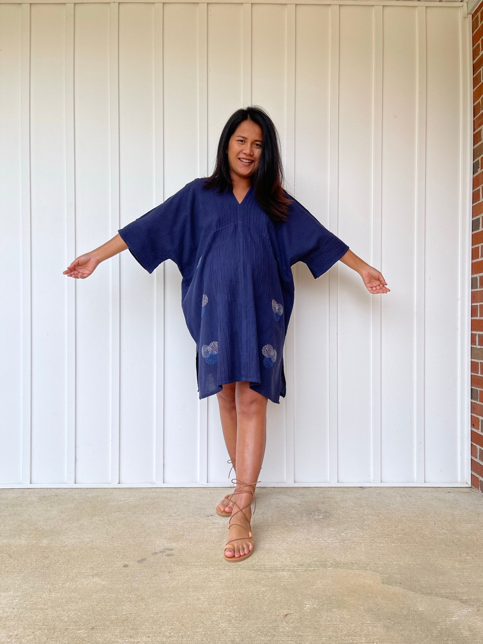 MALA handworks Miyu Midi Dress in Blue and Hand Embroidery