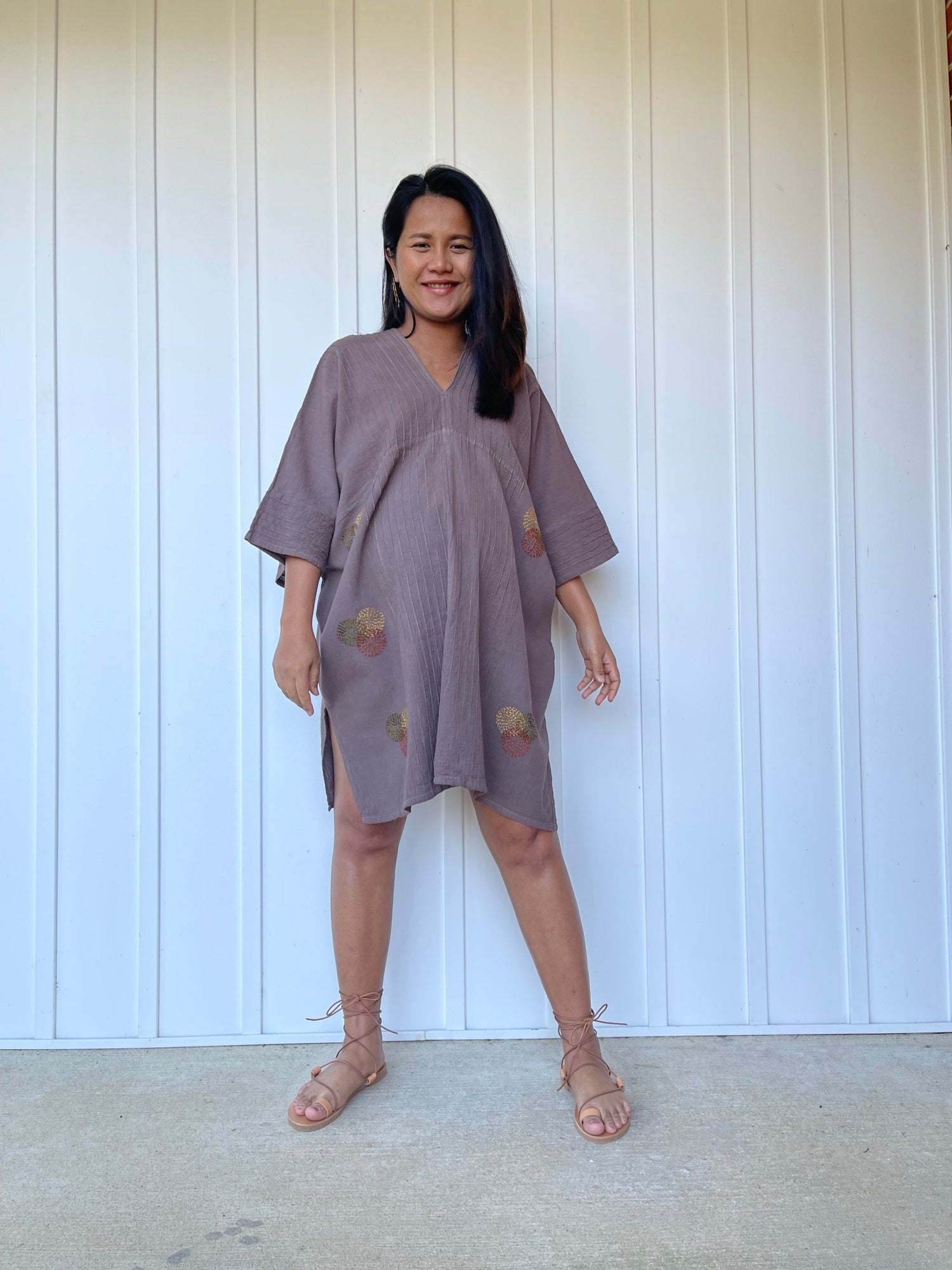 MALA handworks Miyu Midi Dress in Earthy Gray and Hand Embroidery