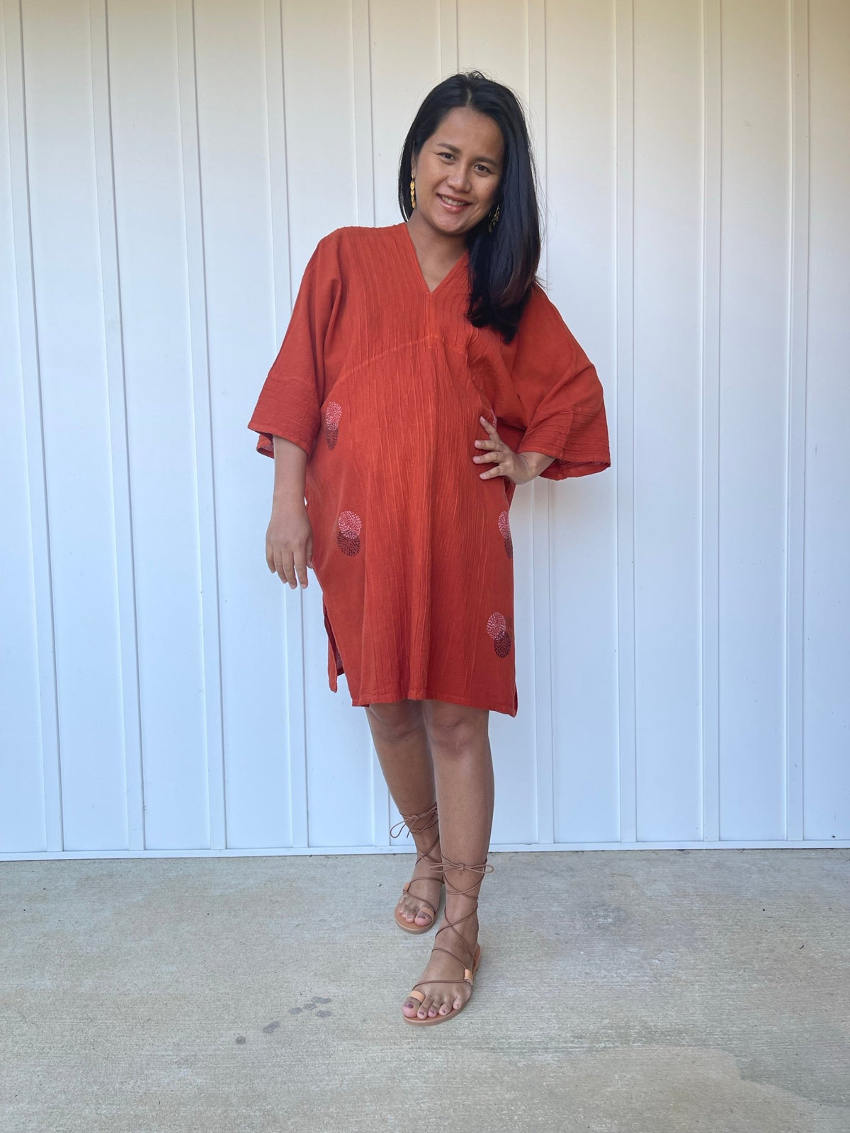 MALA handworks Miyu Midi Dress in Rust Orange and Hand Embroidery