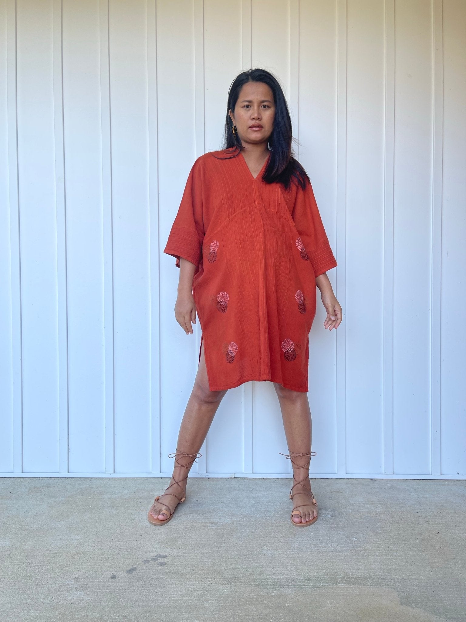 MALA handworks Miyu Midi Dress in Rust Orange and Hand Embroidery