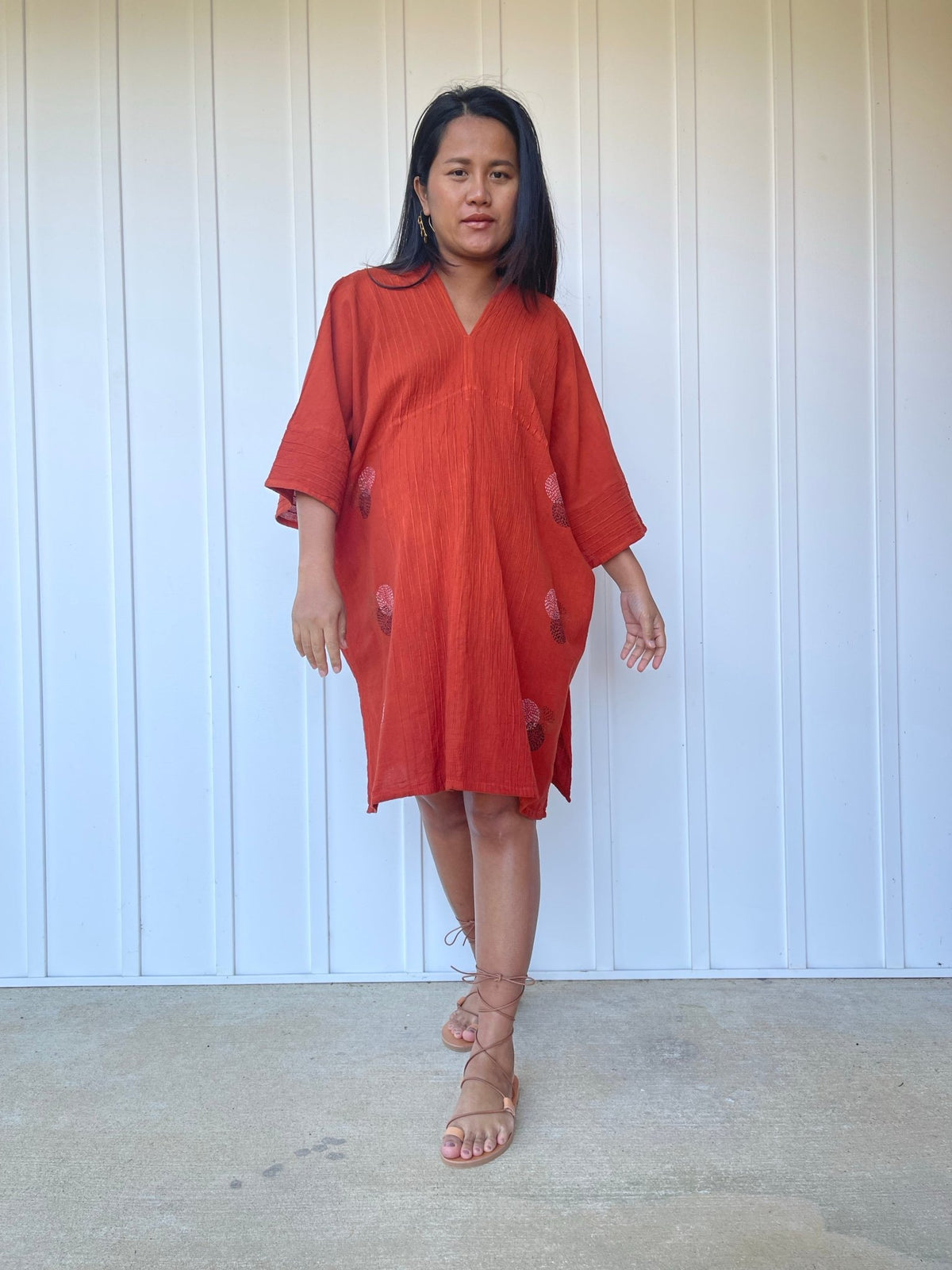 MALA handworks Miyu Midi Dress in Rust Orange and Hand Embroidery