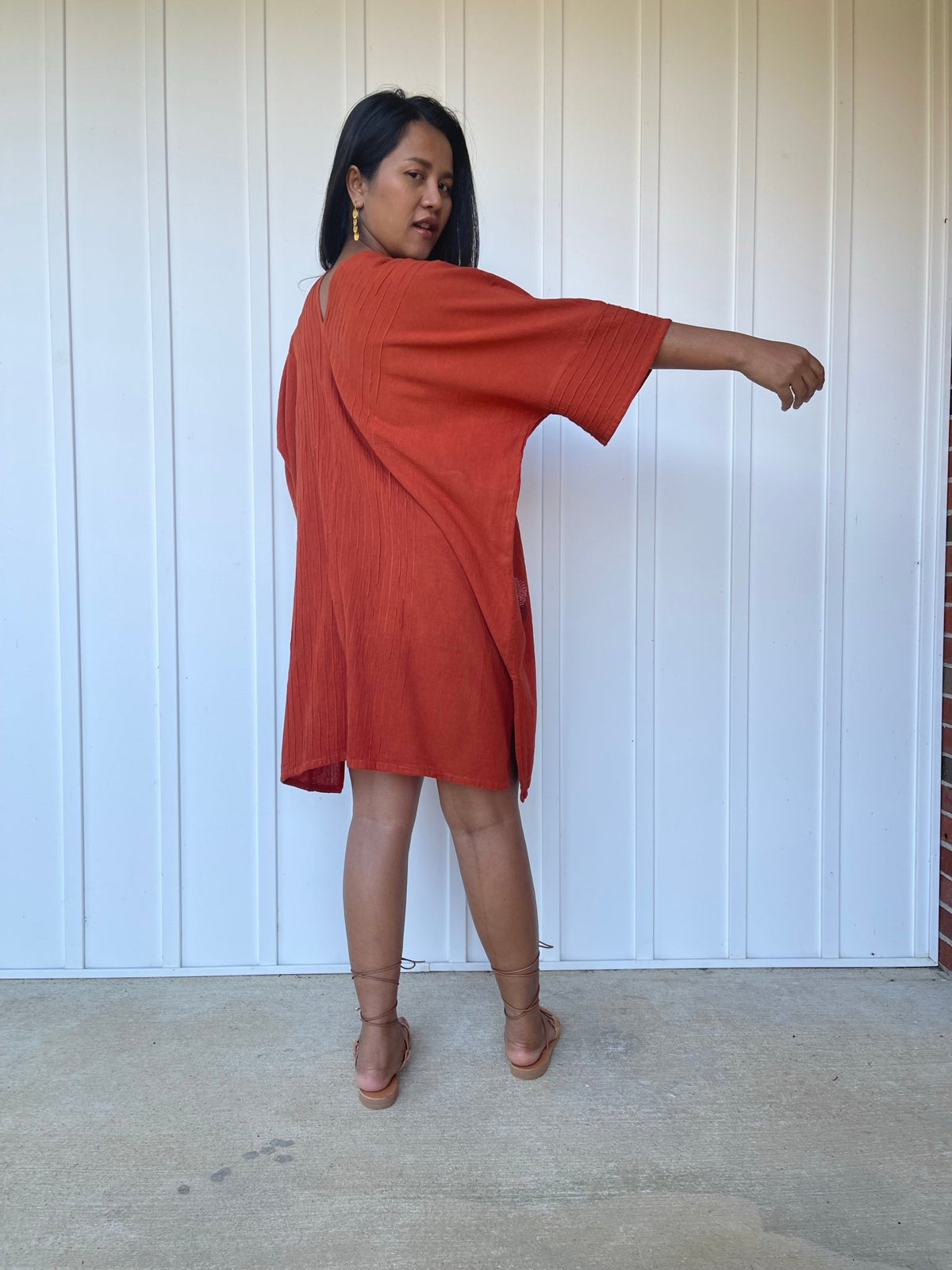 MALA handworks Miyu Midi Dress in Rust Orange and Hand Embroidery