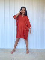 MALA handworks Miyu Midi Dress in Rust Orange and Hand Embroidery