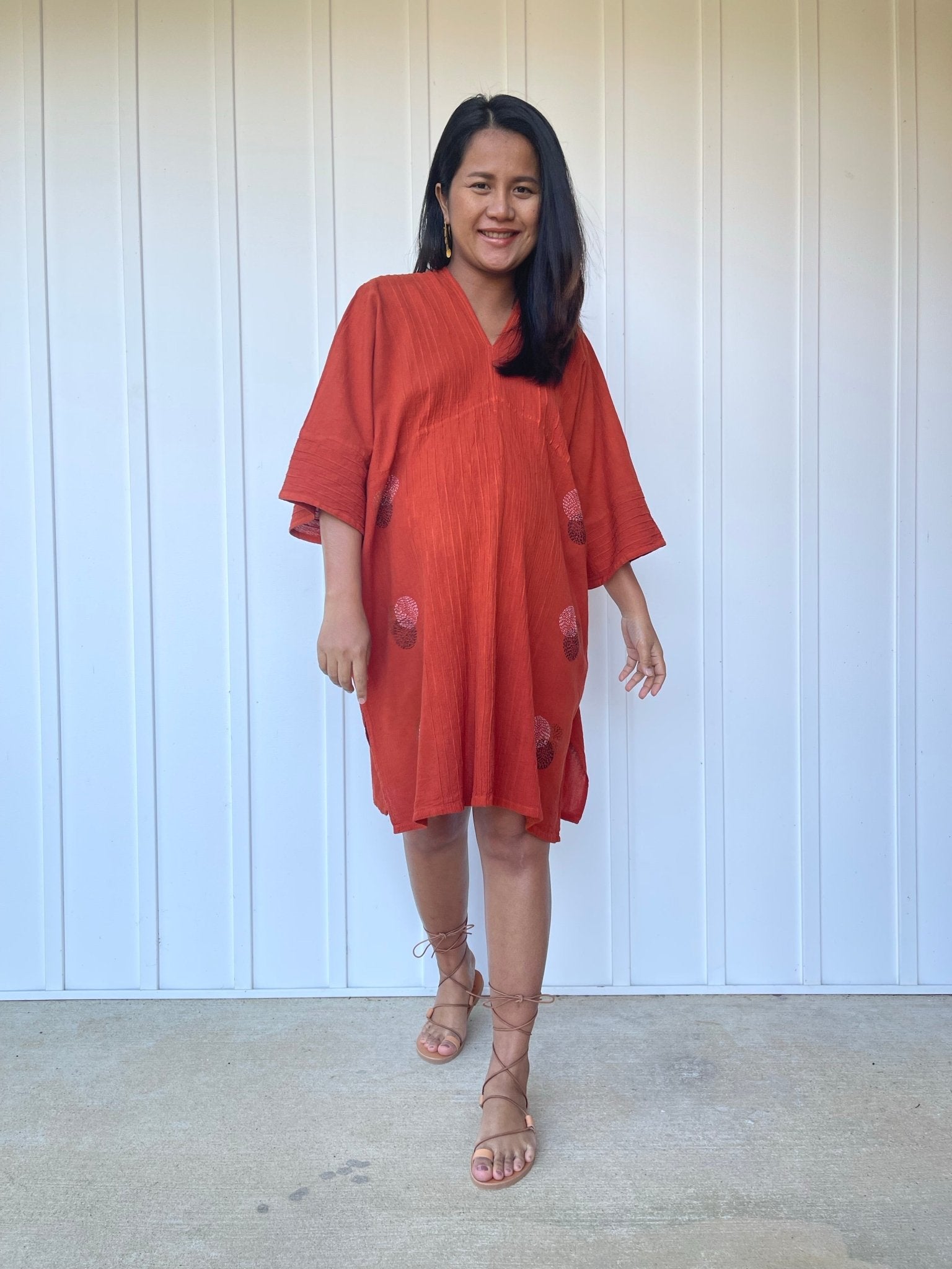 MALA handworks Miyu Midi Dress in Rust Orange and Hand Embroidery