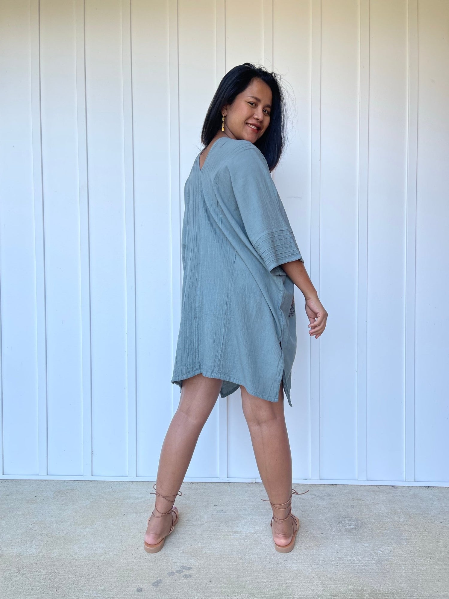 MALA handworks Miyu Midi Dress in Sage Gray and Hand Embroidery