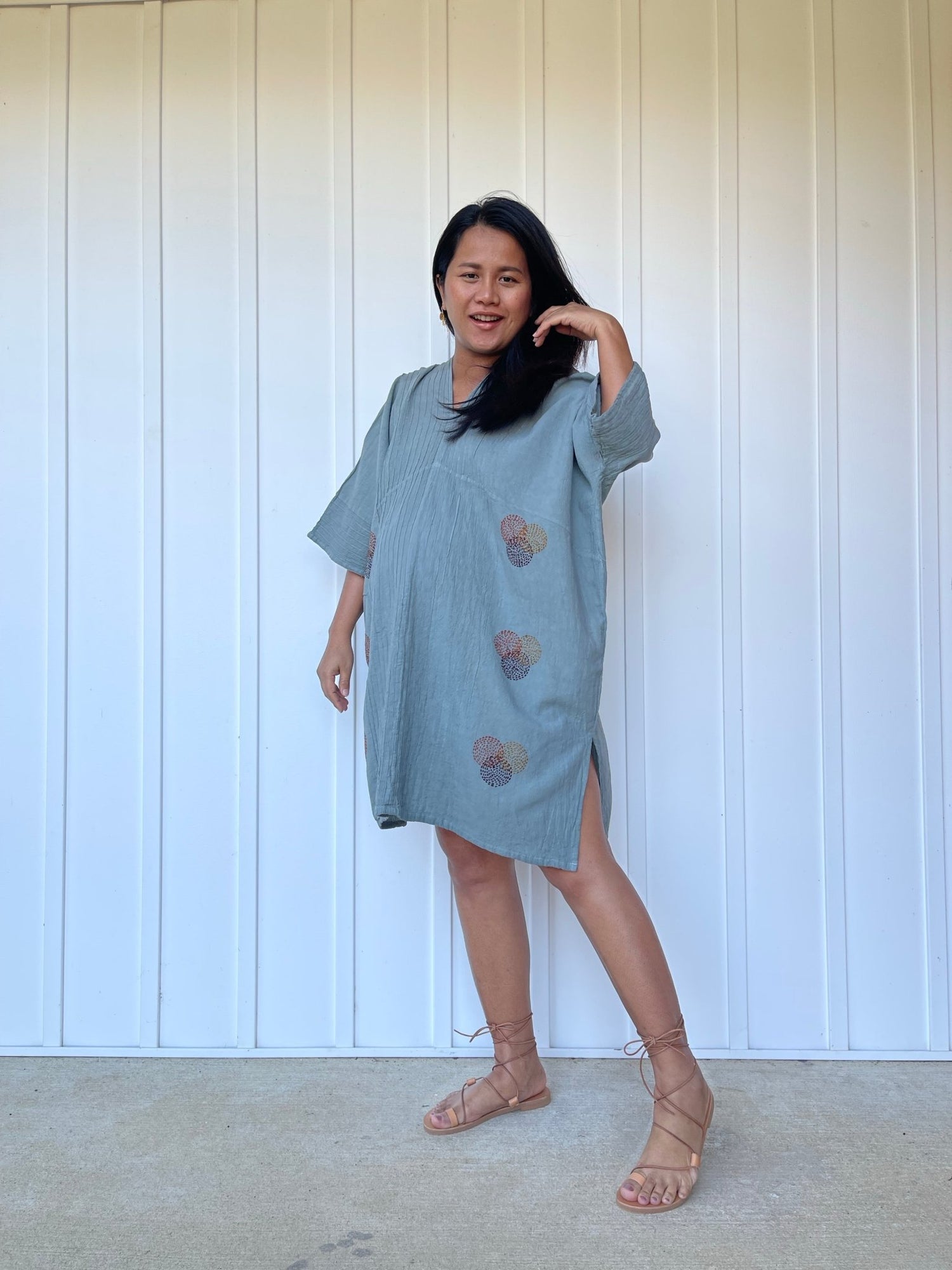 MALA handworks Miyu Midi Dress in Sage Gray and Hand Embroidery