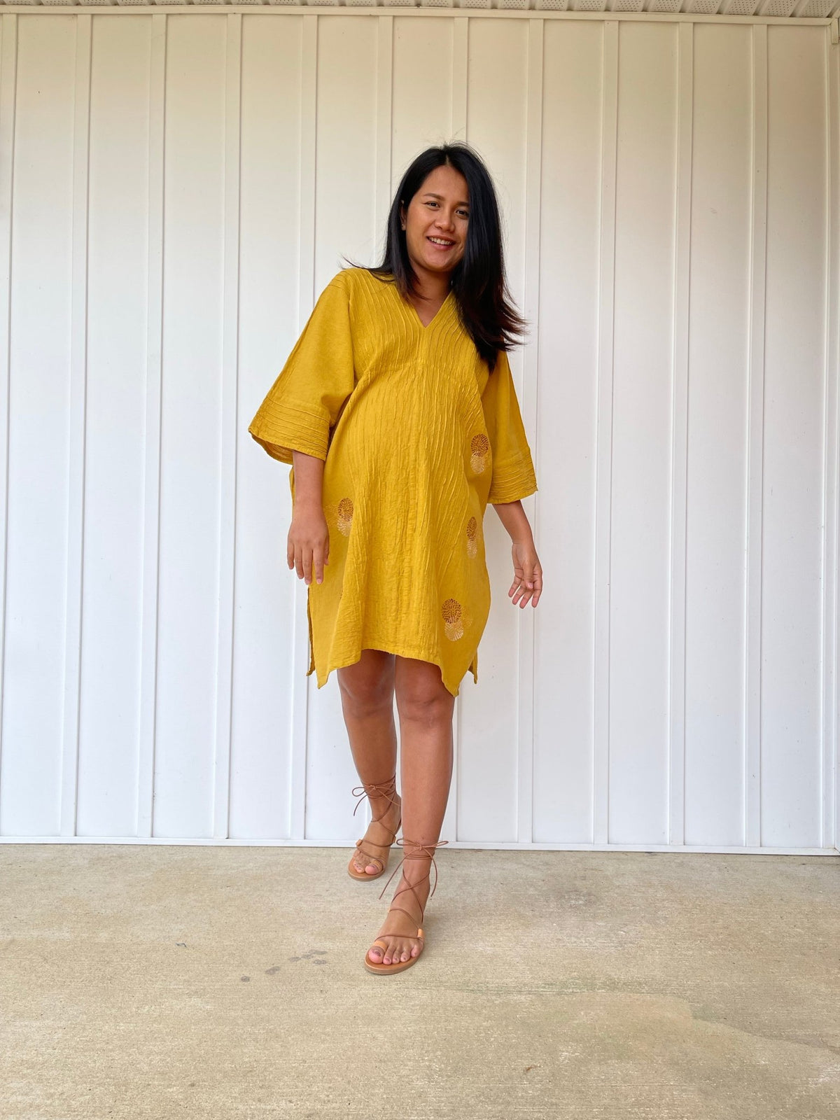 MALA handworks  Miyu Midi Dress in Yellow and Hand Embroidery