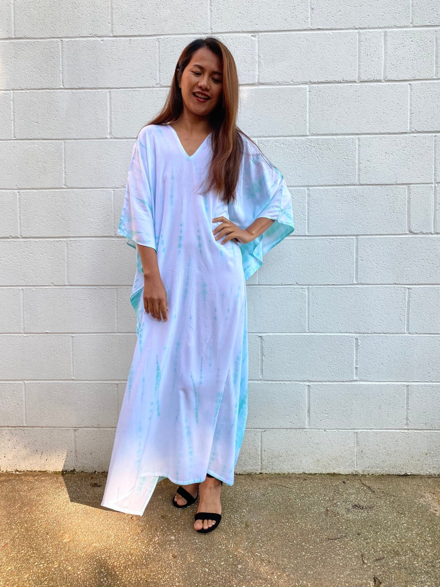 MALA handworks Nora Kaftan in White and Light Green Tie Dye