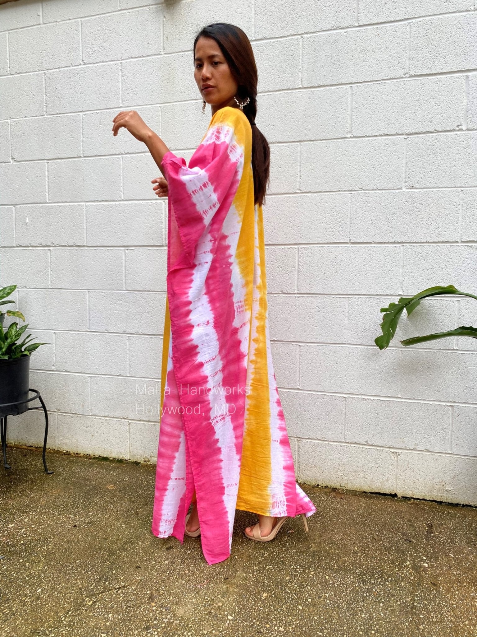 MALA handworks  Oba Kaftan in White and Orange Yellow Tie Dye
