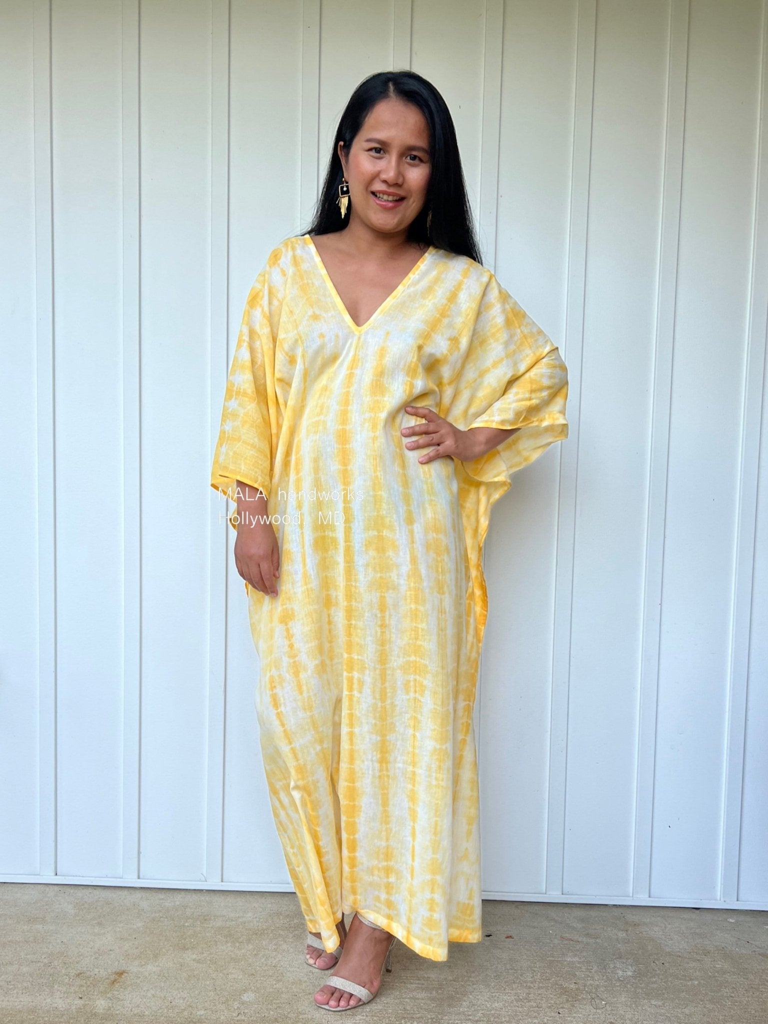 MALA handworks  Olena semi sheer Kaftan in White and Yellow Tie Dye