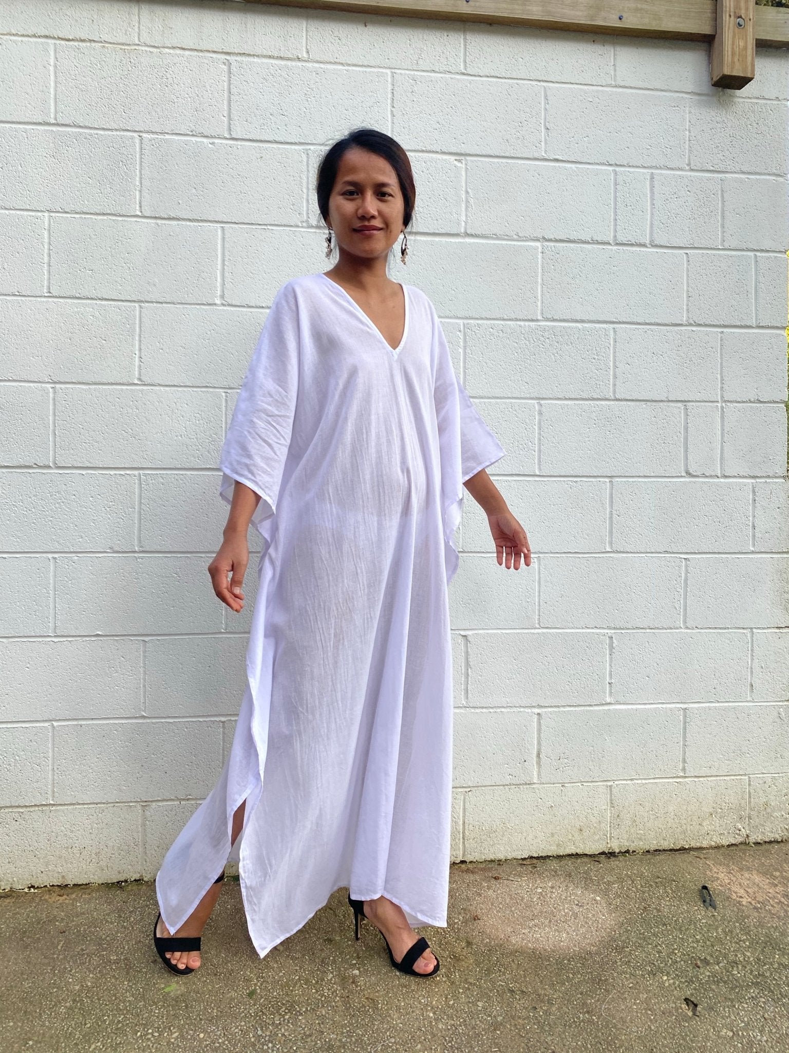 MALA handworks Olena semi sheer Kaftan in White Light Lavender