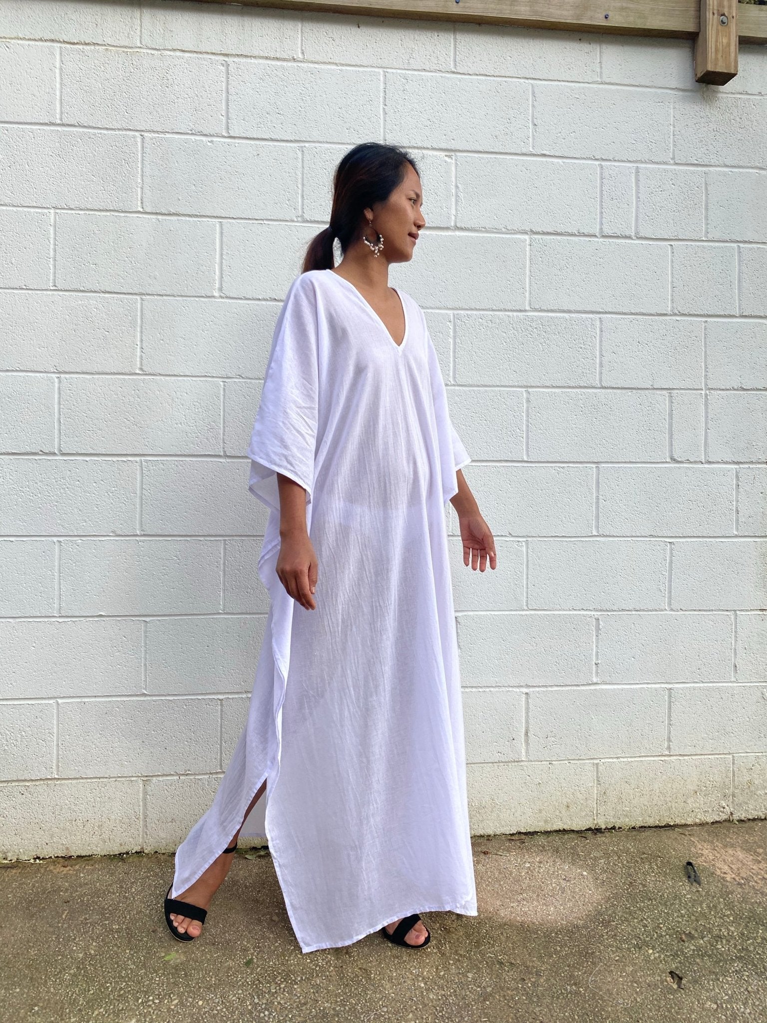MALA handworks Olena semi sheer Kaftan in White Light Lavender