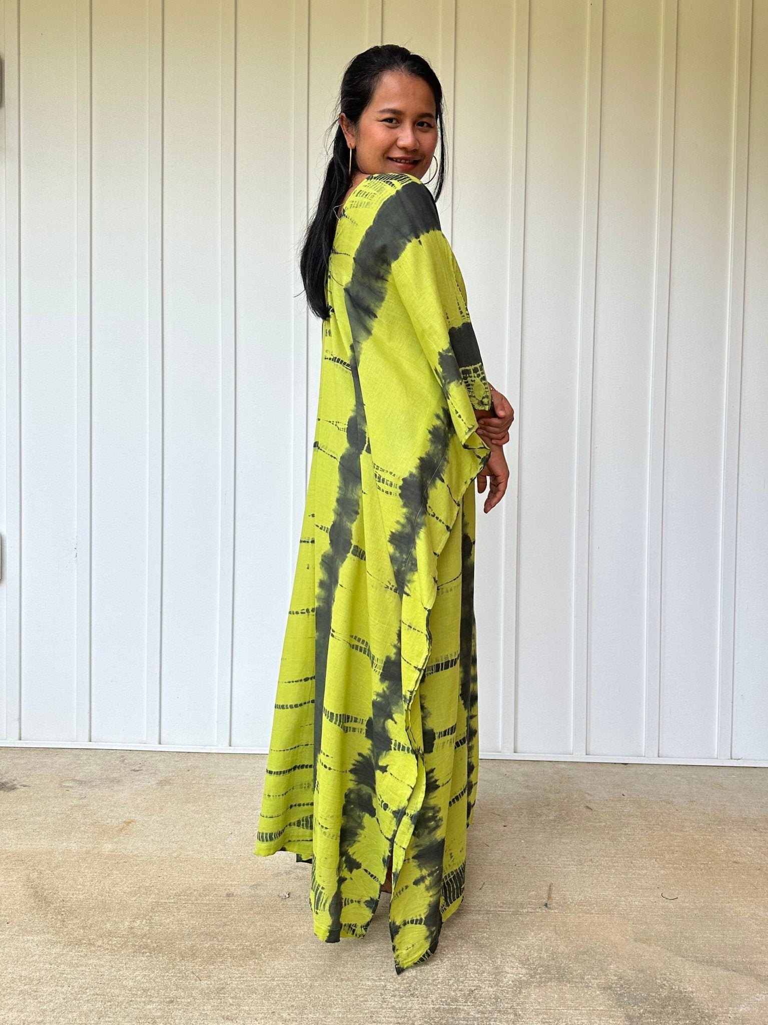 Olena semi sheer Kaftan in Yellow and Black Tie Dye - Mala Handworks