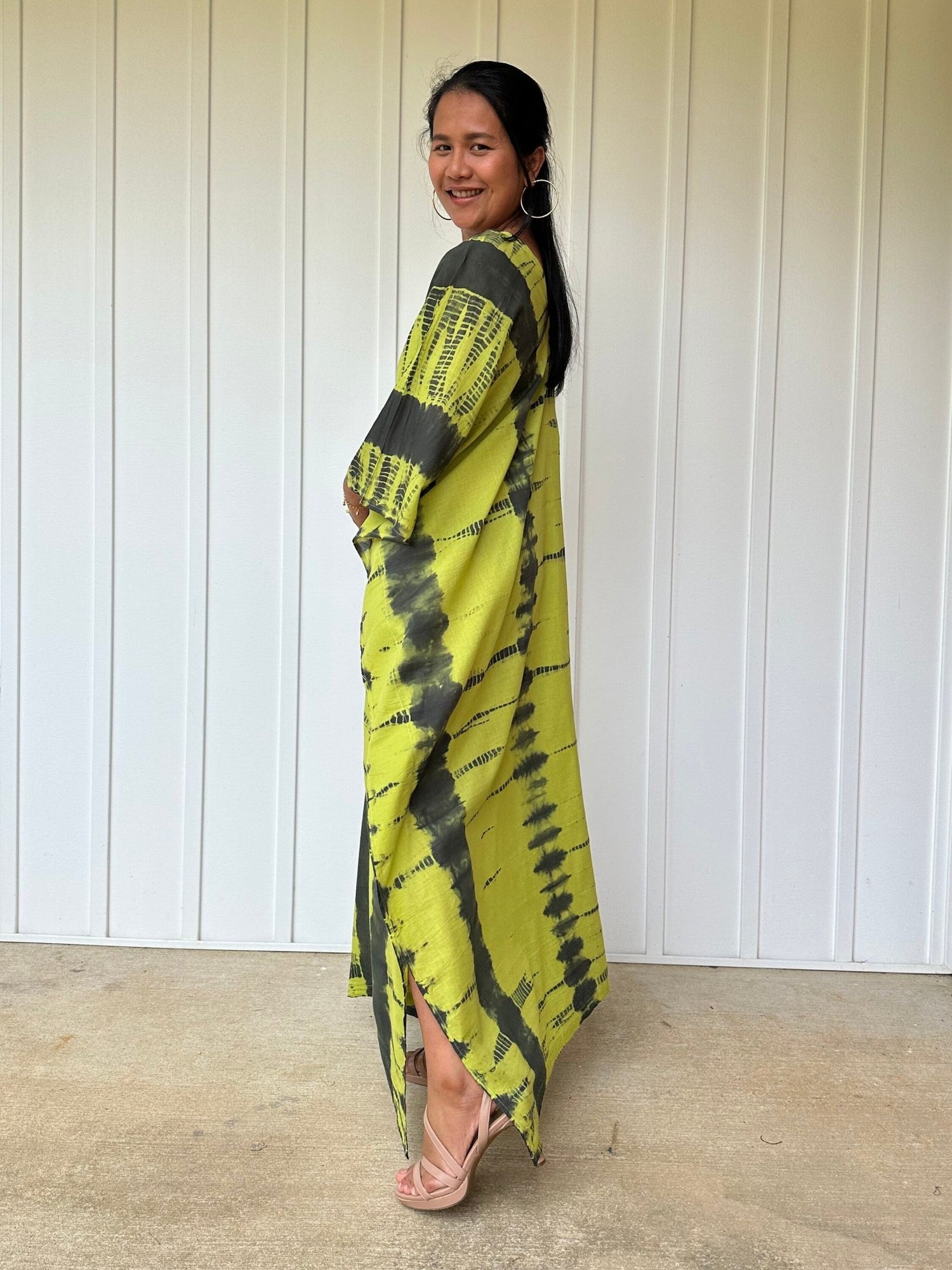 Olena semi sheer Kaftan in Yellow and Black Tie Dye - Mala Handworks