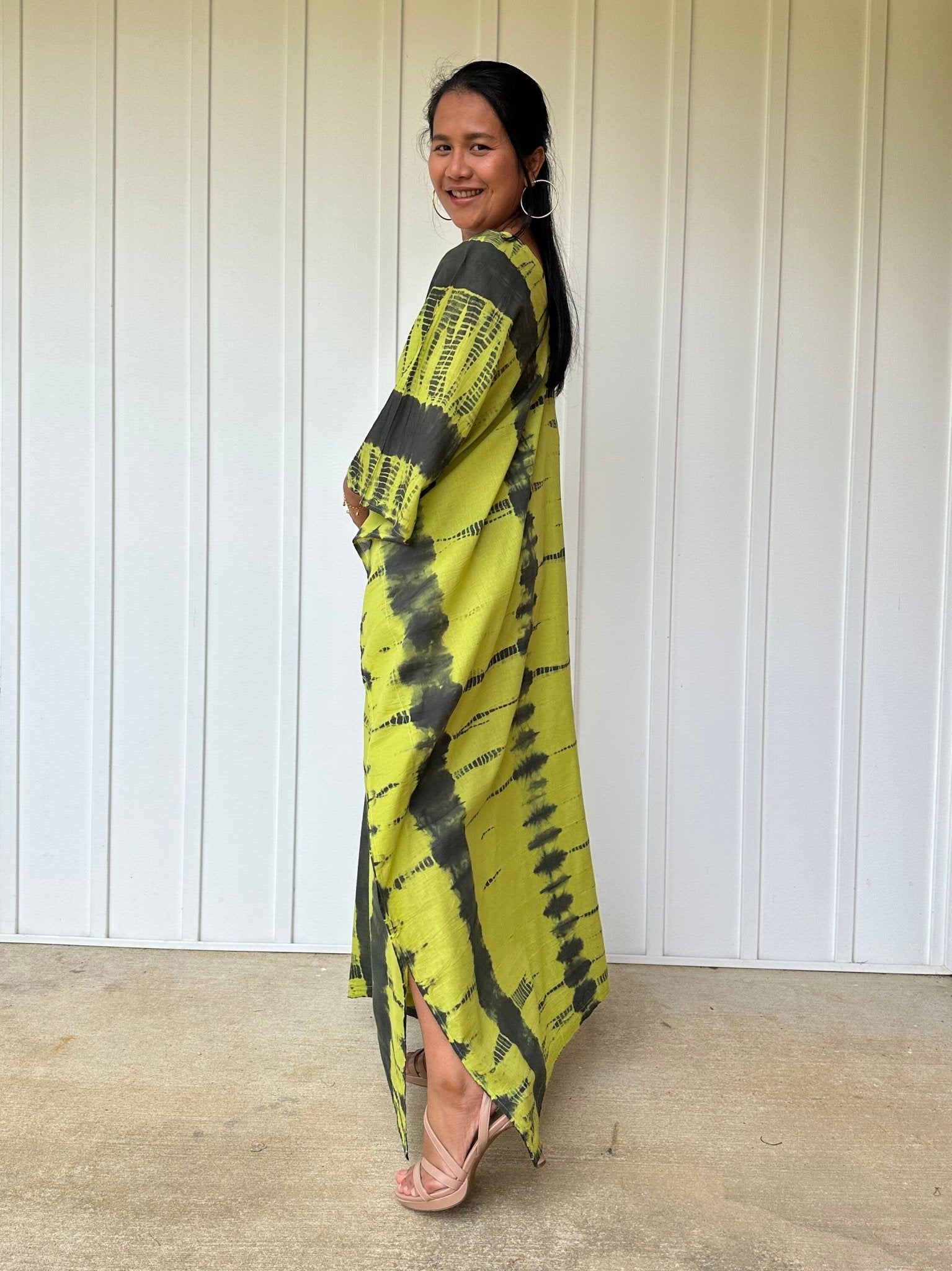 Olena semi sheer Kaftan in Yellow and Black Tie Dye - Mala Handworks