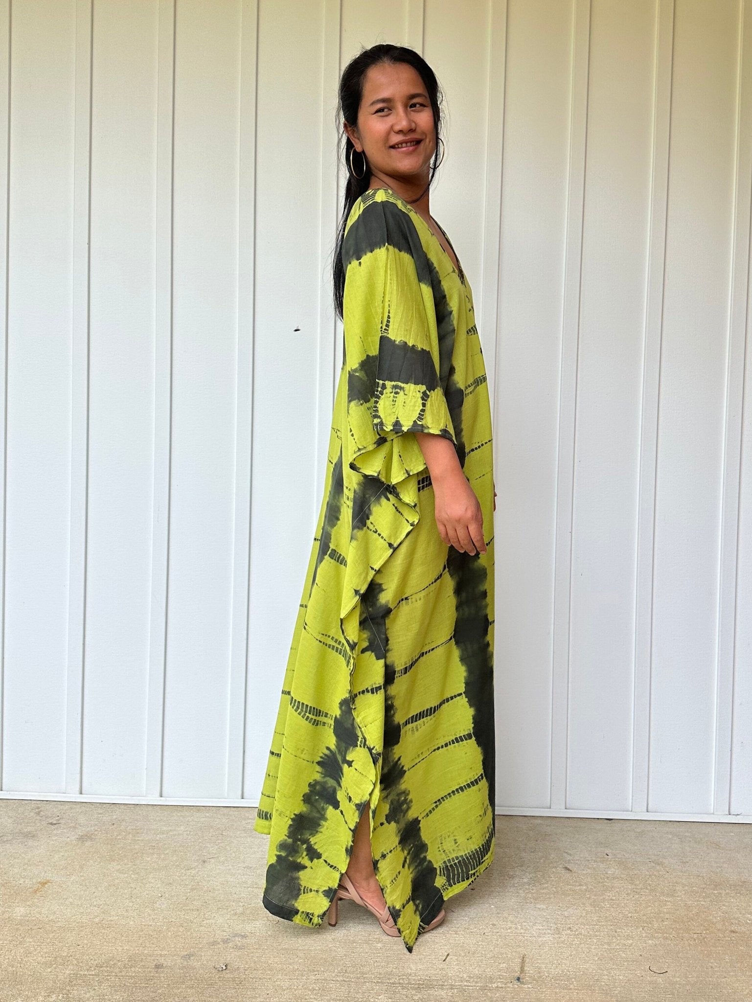 Olena semi sheer Kaftan in Yellow and Black Tie Dye - Mala Handworks