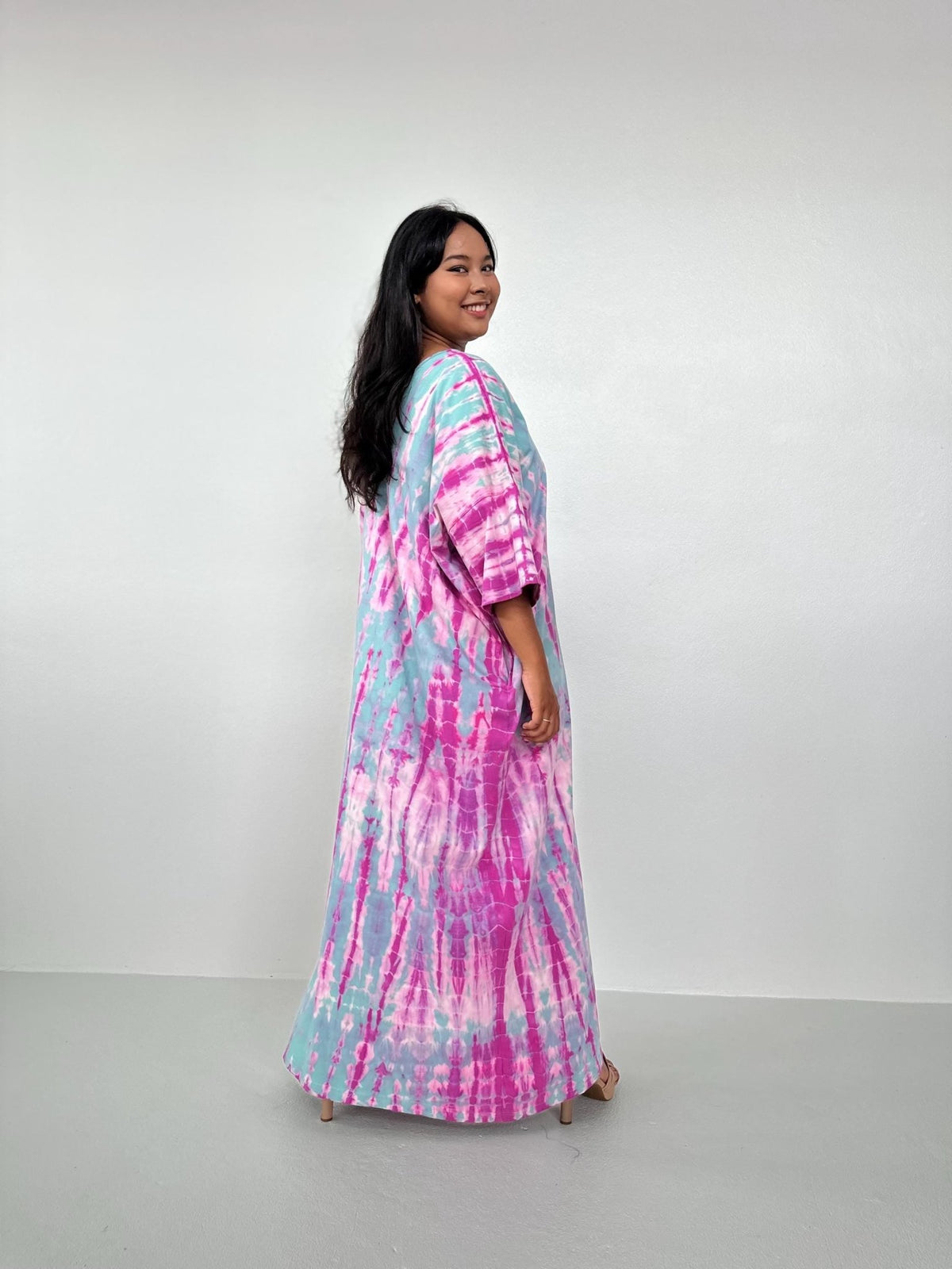 Mala Handworks Olivia Cotton Kaftan in Aqua and Bubblegum Tie Dye