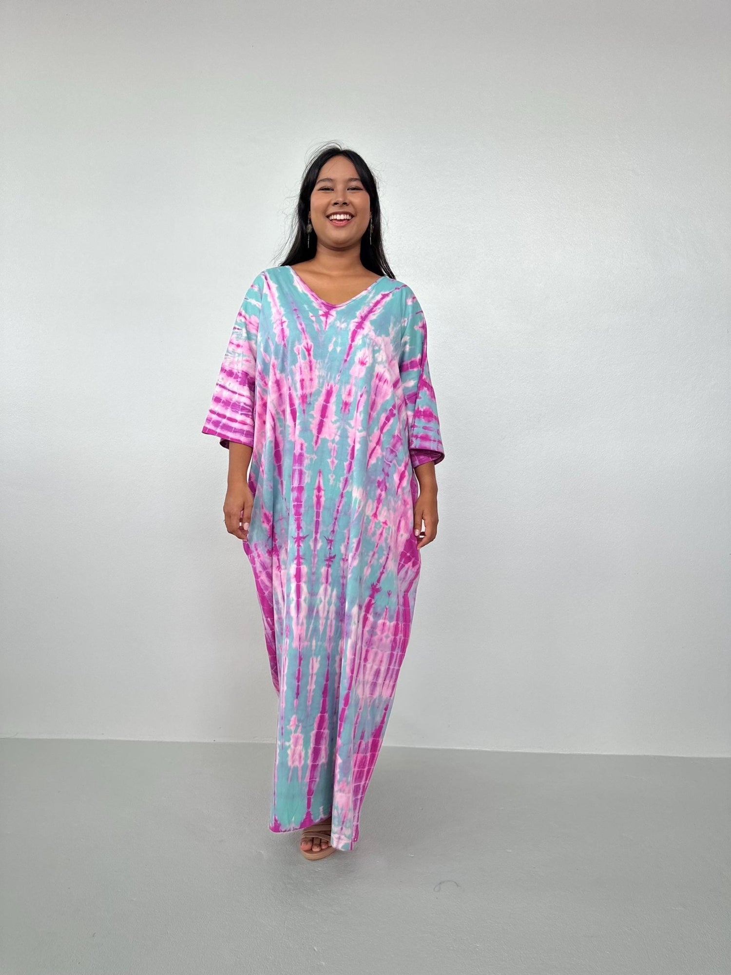 Mala Handworks Olivia Cotton Kaftan in Aqua and Bubblegum Tie Dye