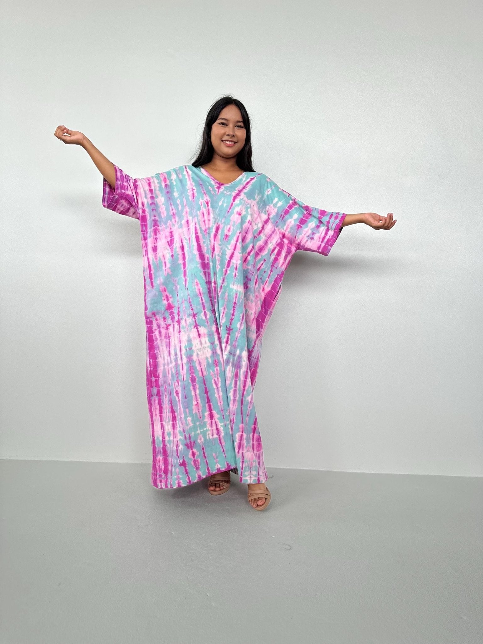 Mala Handworks Olivia Cotton Kaftan in Aqua and Bubblegum Tie Dye