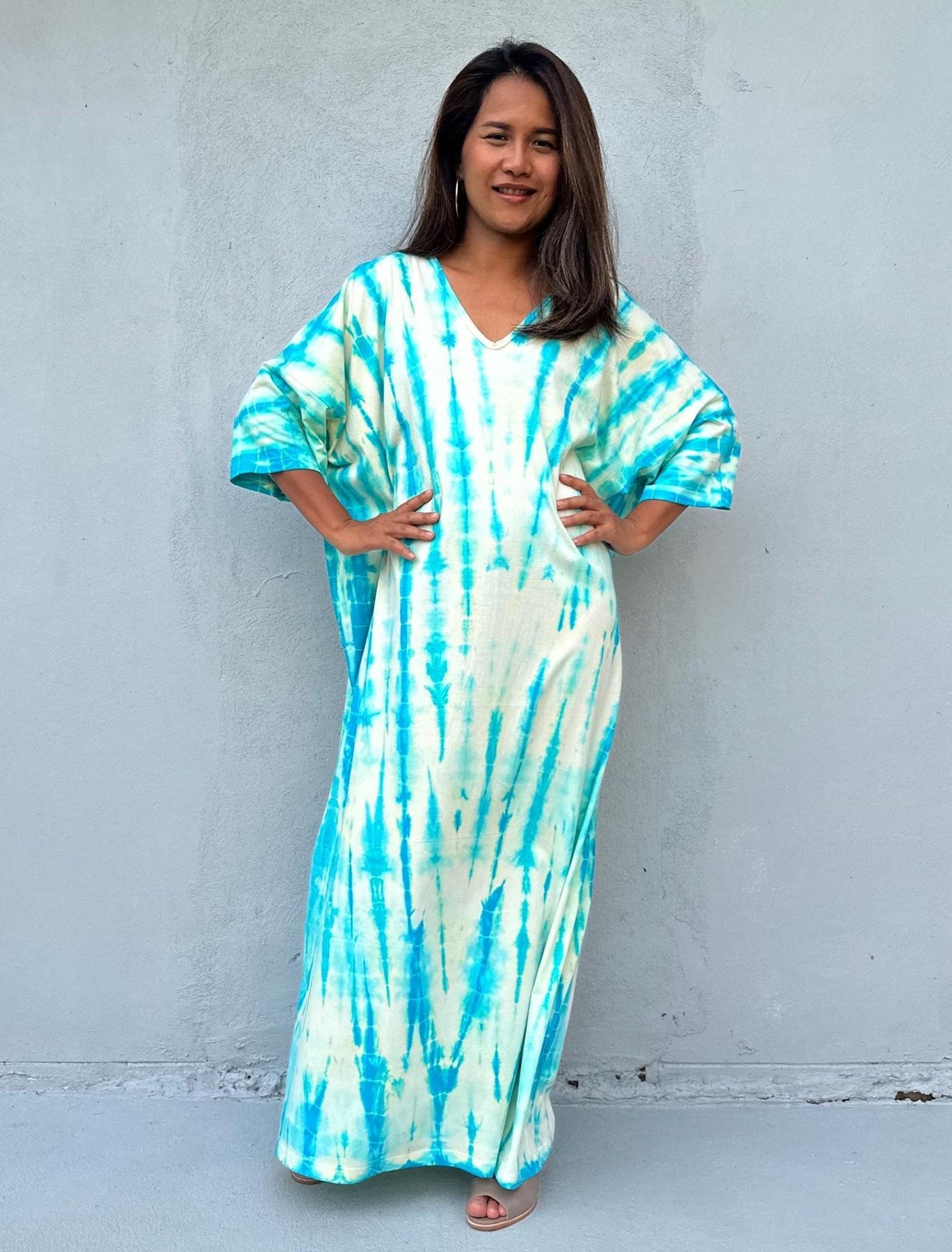 Mala Handworks Olivia Cotton Kaftan in Aqua and White Tie Dye