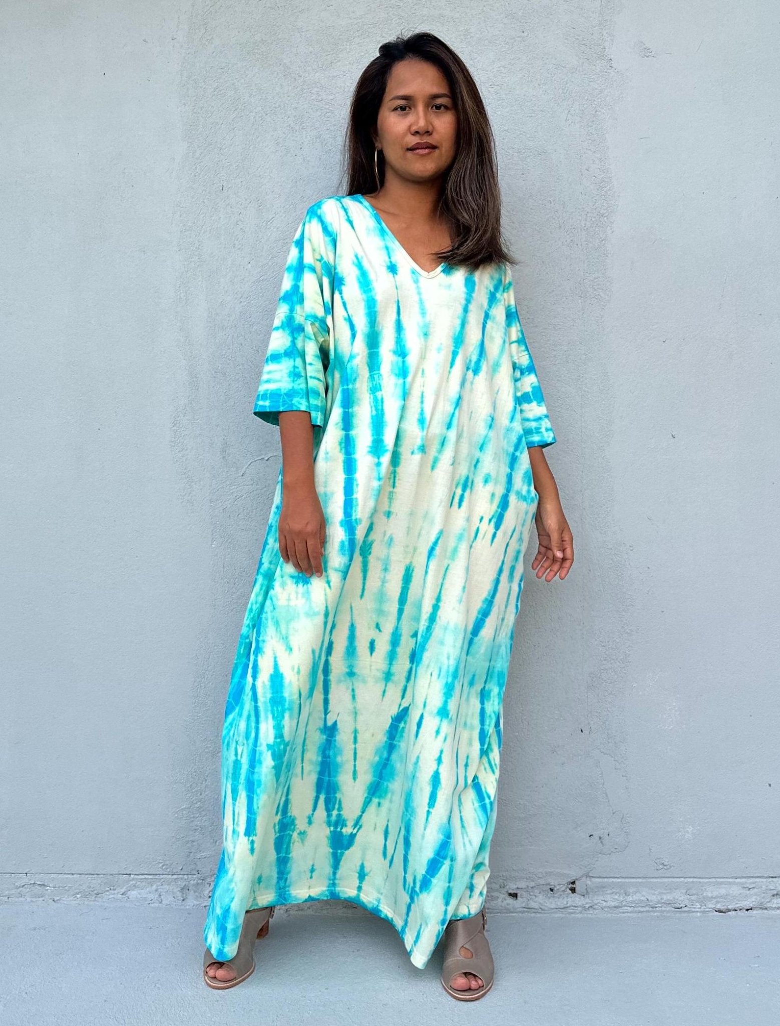 Mala Handworks Olivia Cotton Kaftan in Aqua and White Tie Dye