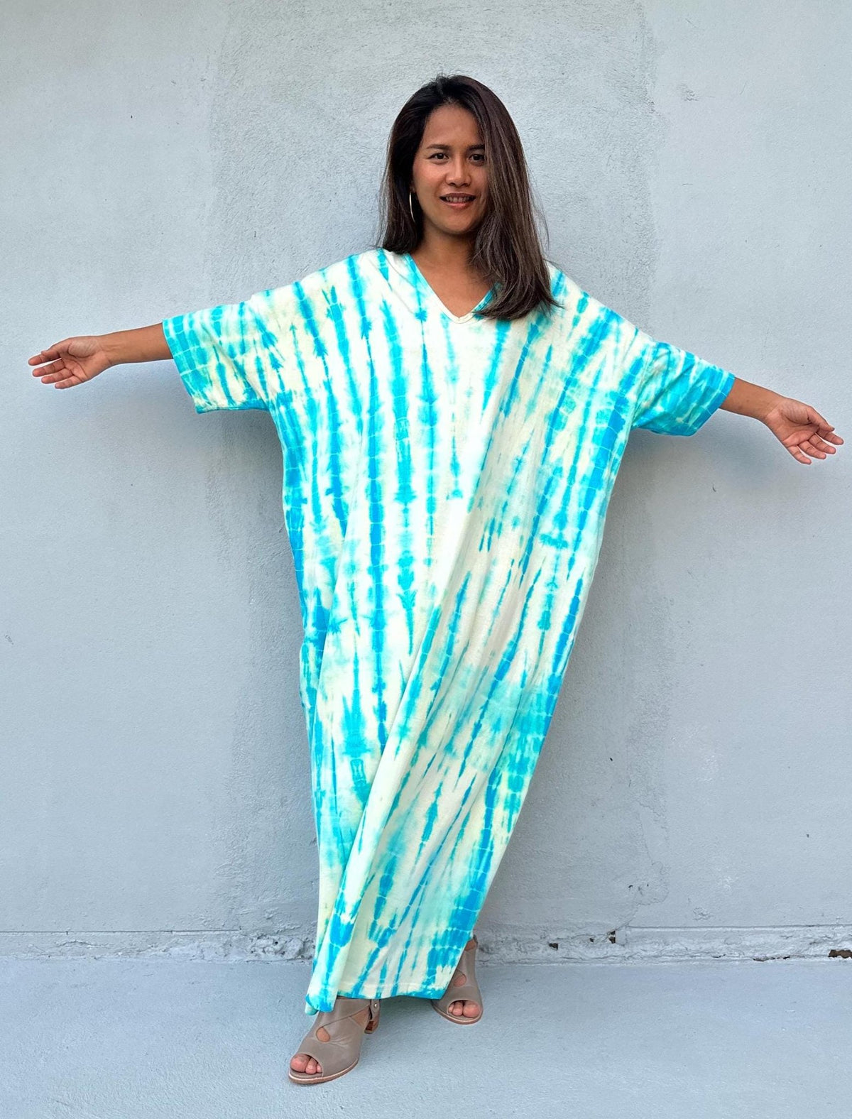Mala Handworks Olivia Cotton Kaftan in Aqua and White Tie Dye