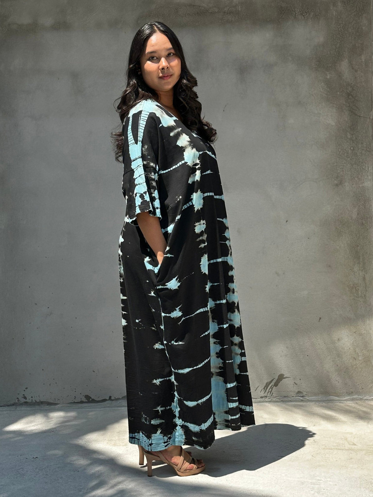 MALA handworks Olivia Cotton Kaftan in Black and Blue Tie Dye
