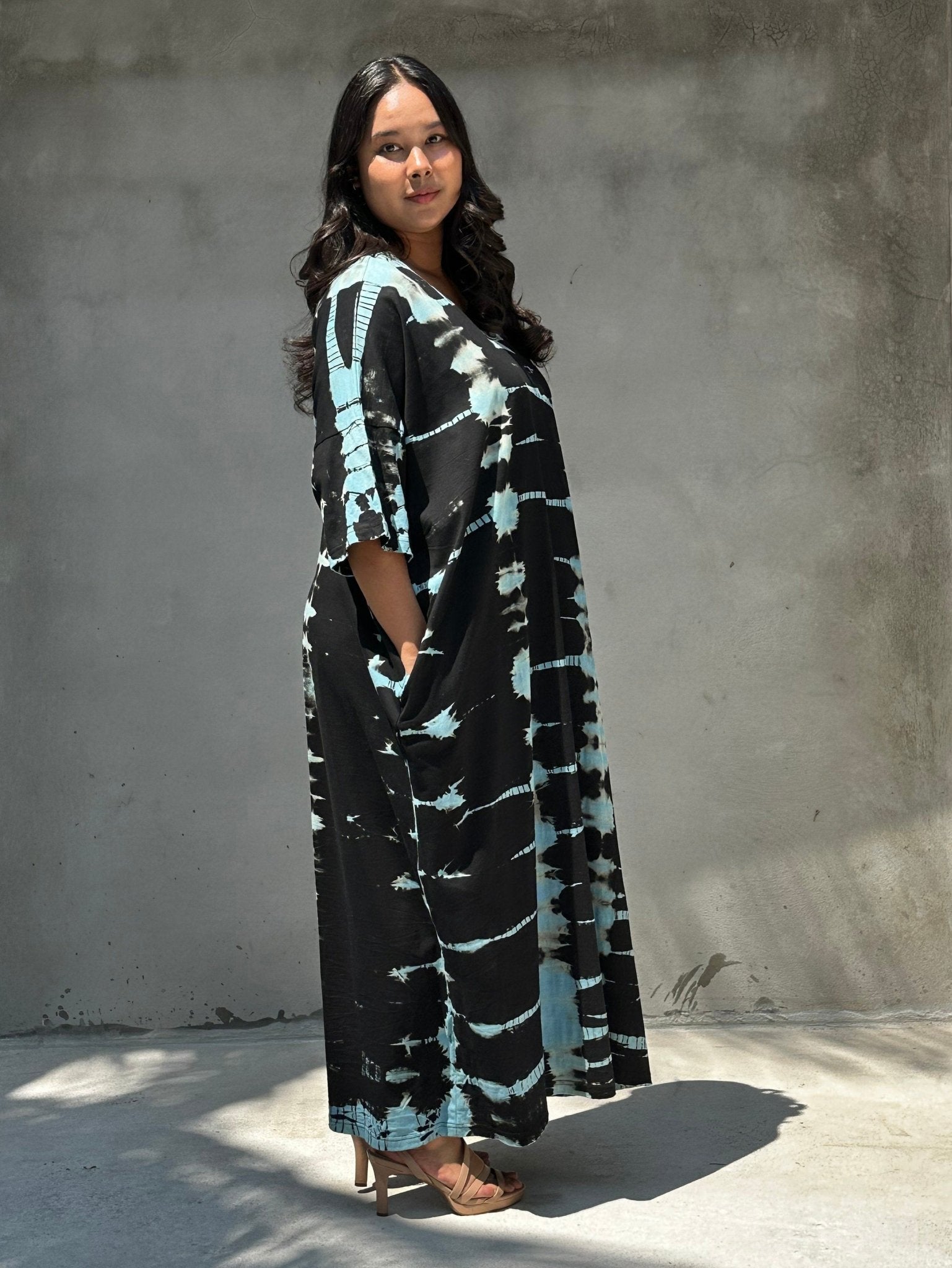 MALA handworks Olivia Cotton Kaftan in Black and Blue Tie Dye