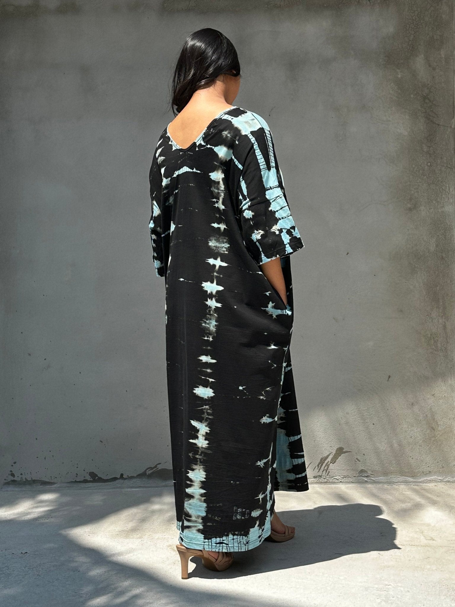 MALA handworks Olivia Cotton Kaftan in Black and Blue Tie Dye