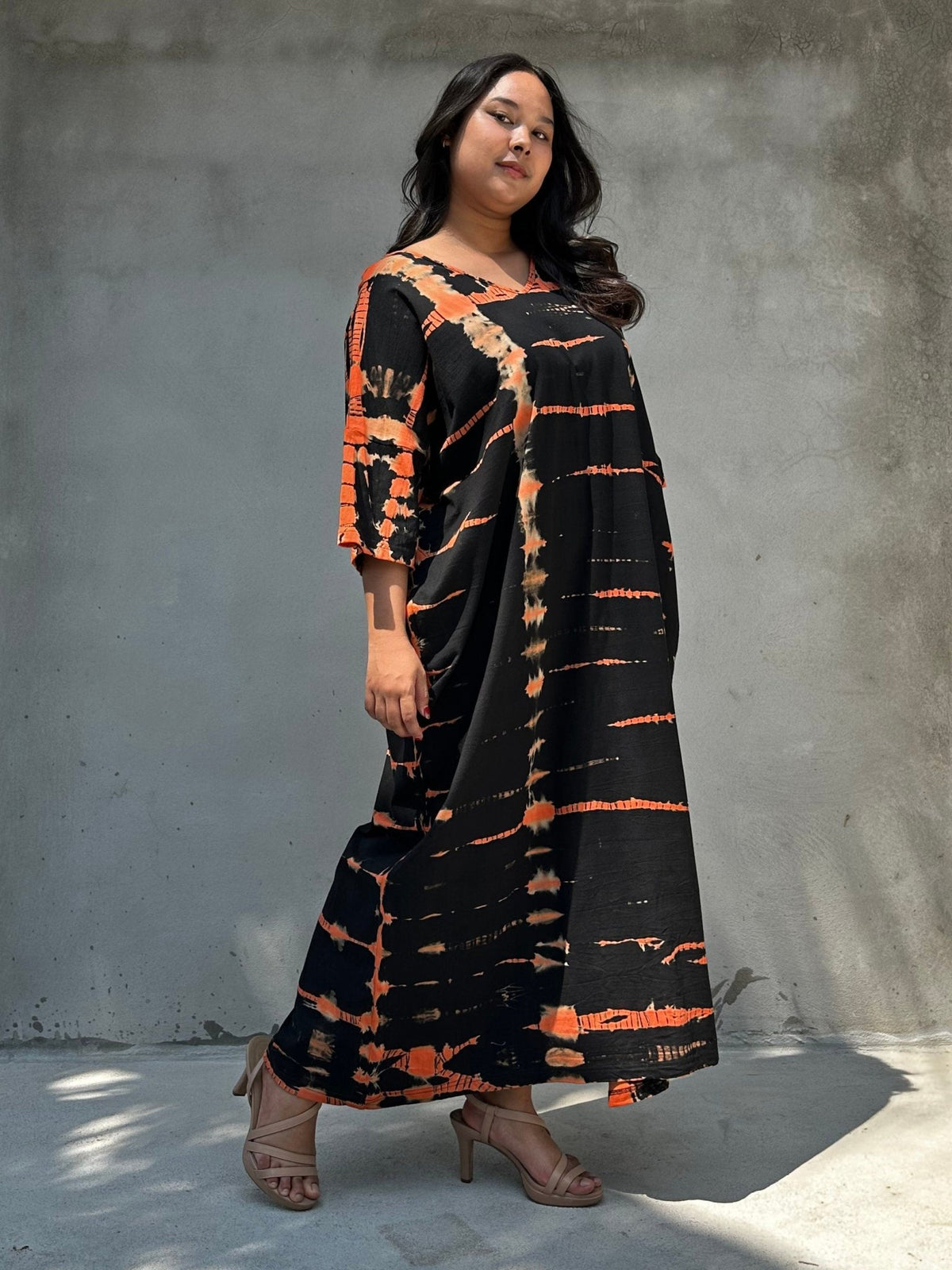 Mala Handworks Olivia Cotton Kaftan in Black and Orange Tie Dye
