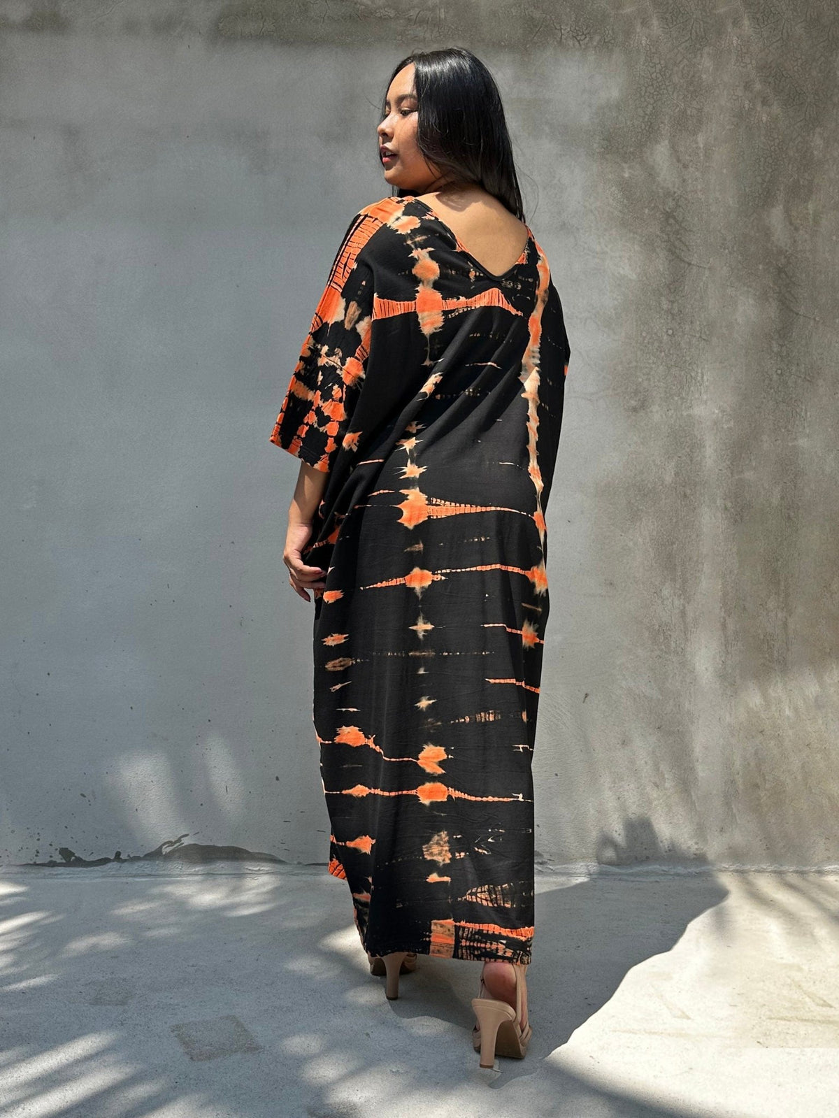 Mala Handworks Olivia Cotton Kaftan in Black and Orange Tie Dye