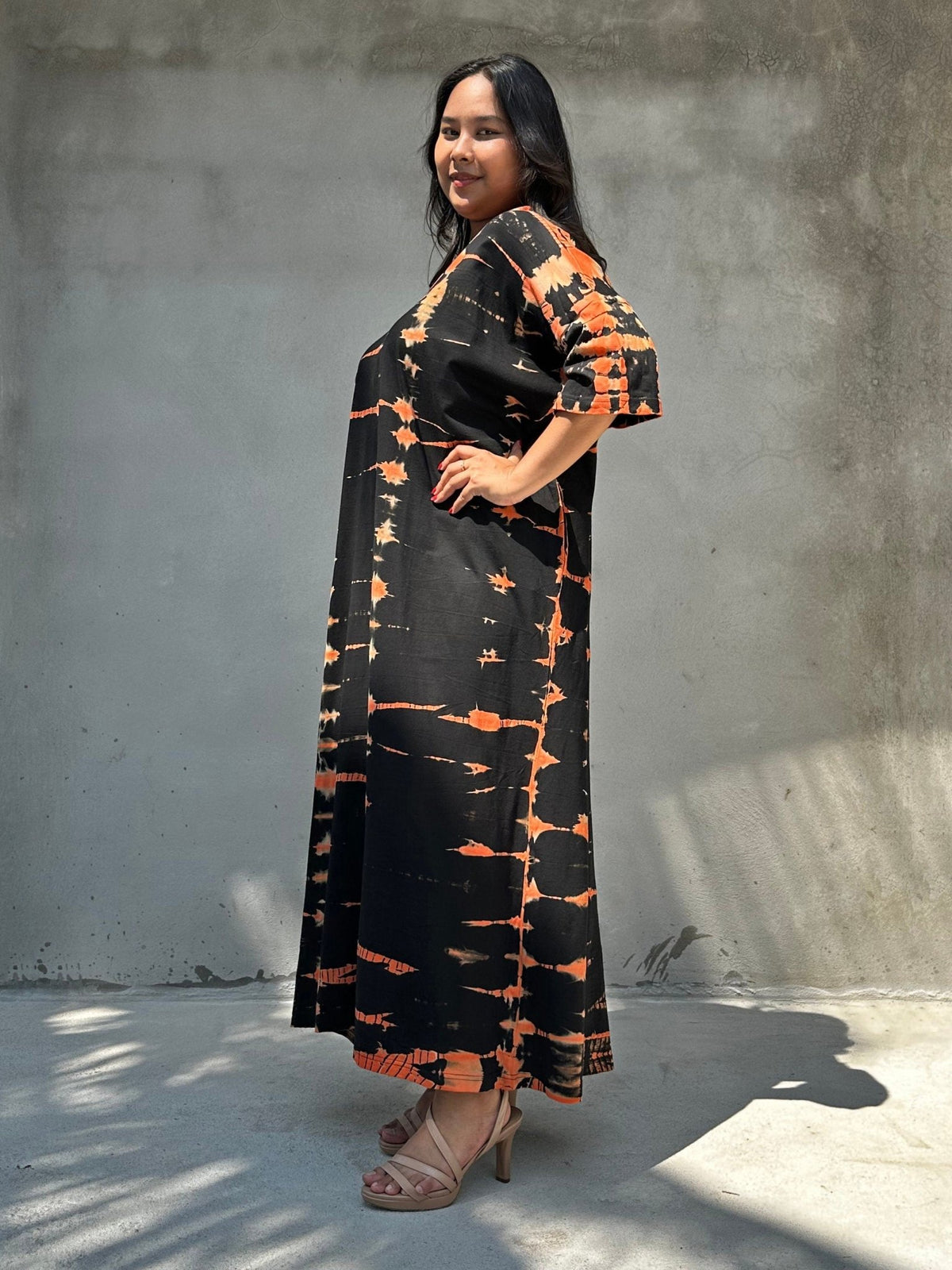 Mala Handworks Olivia Cotton Kaftan in Black and Orange Tie Dye