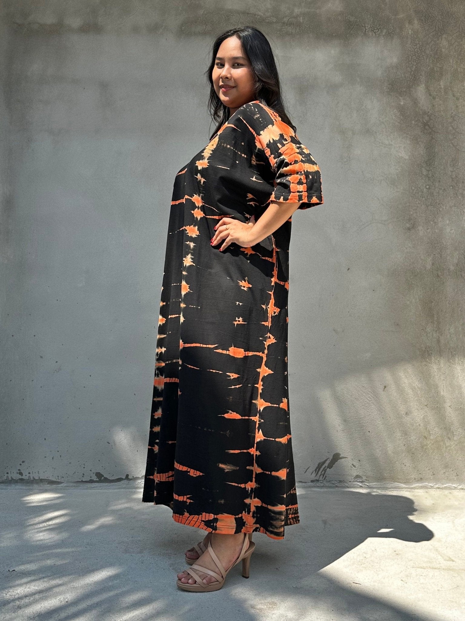 Mala Handworks Olivia Cotton Kaftan in Black and Orange Tie Dye