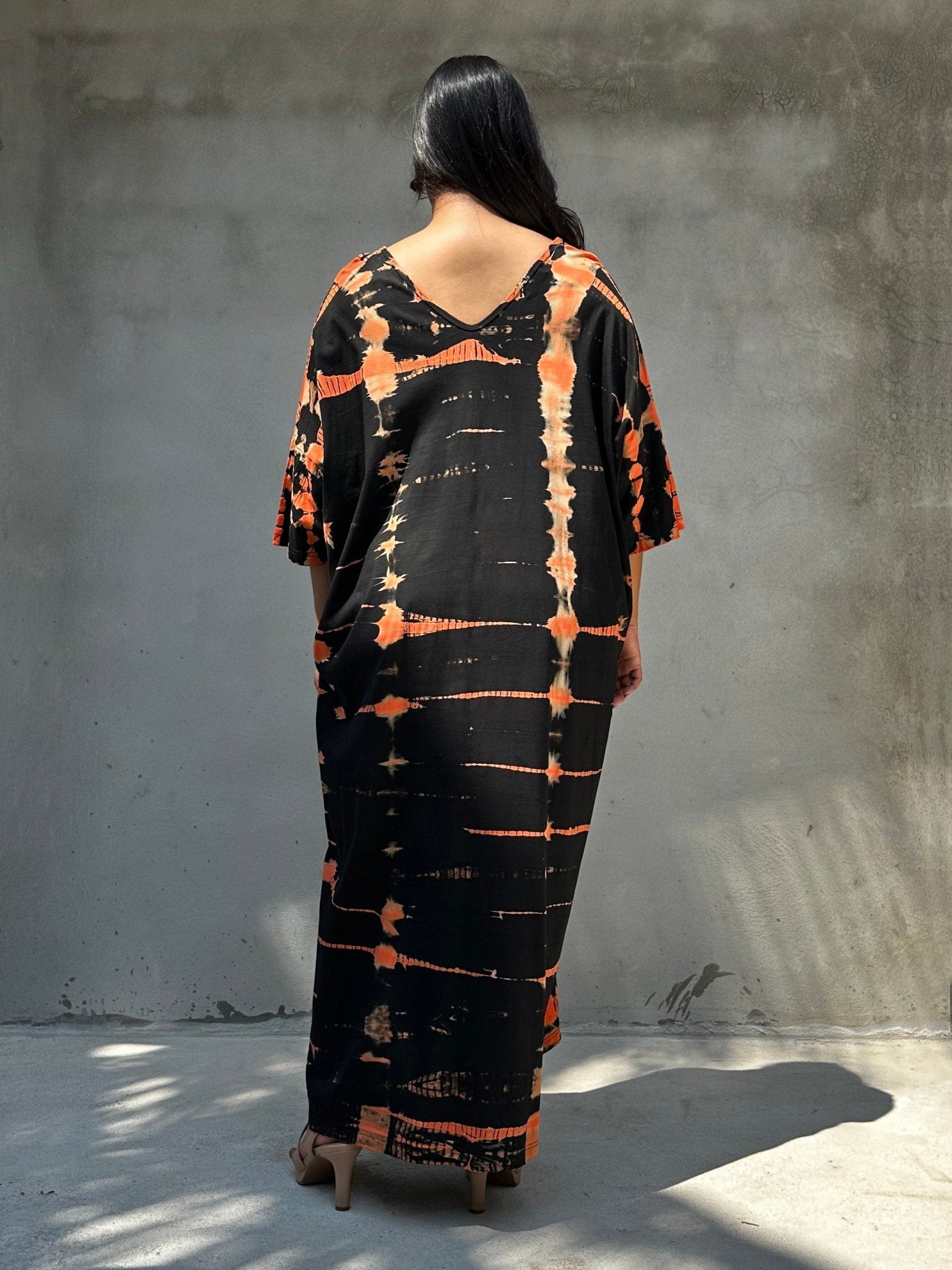 Mala Handworks Olivia Cotton Kaftan in Black and Orange Tie Dye