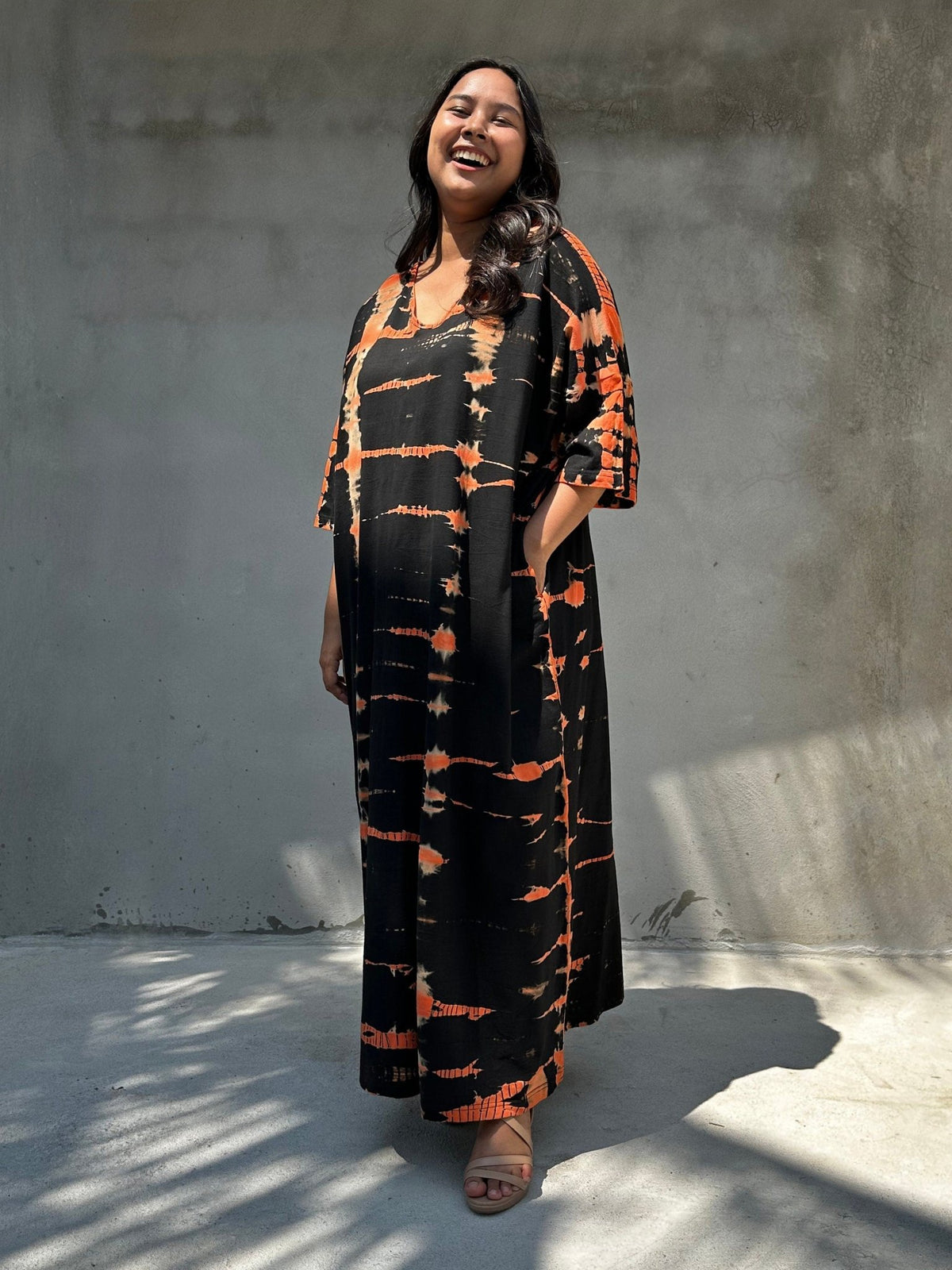 Mala Handworks Olivia Cotton Kaftan in Black and Orange Tie Dye