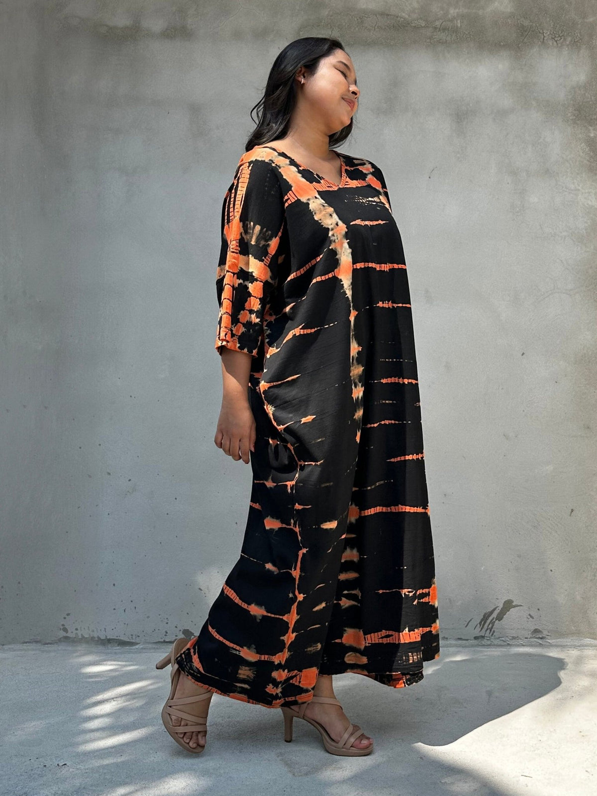 Mala Handworks Olivia Cotton Kaftan in Black and Orange Tie Dye