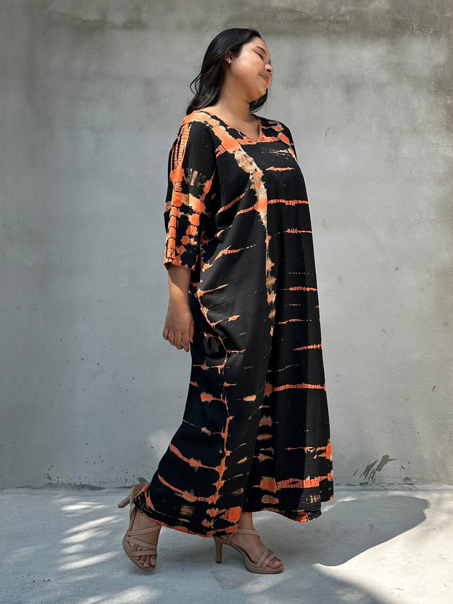 Mala Handworks Olivia Cotton Kaftan in Black and Orange Tie Dye