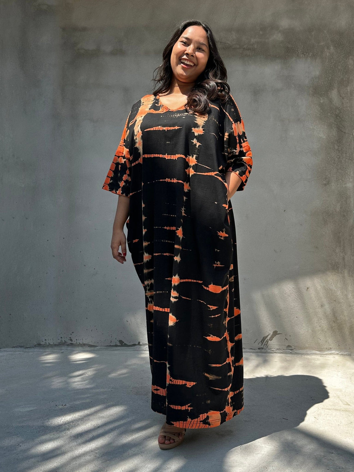 Mala Handworks Olivia Cotton Kaftan in Black and Orange Tie Dye