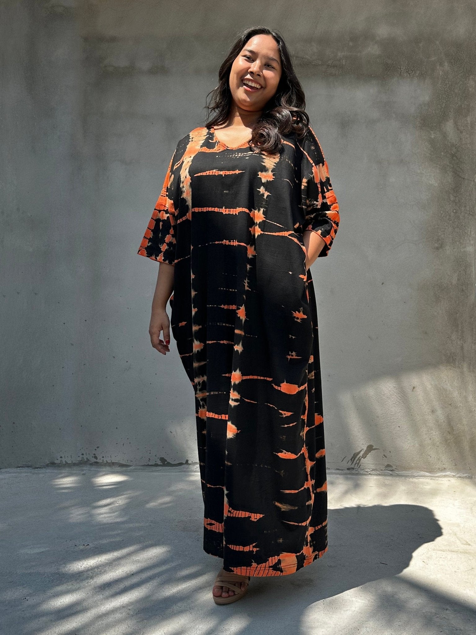 Mala Handworks Olivia Cotton Kaftan in Black and Orange Tie Dye